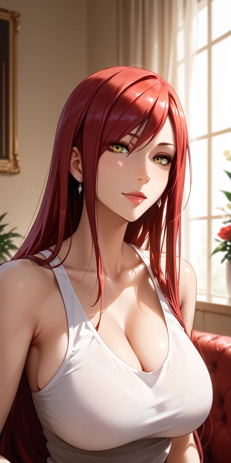 Score_9, Score_8_up, Score_7_up, Source_anime, anime art, anime style, masterpiece, best quality, very aesthetic, 1girl, mature woman, milf, curvaceous, long hair, side bangs, maroon hair, tank top, erza, seductive, perfecteyes, yellow eyes, upper body, home, soft light