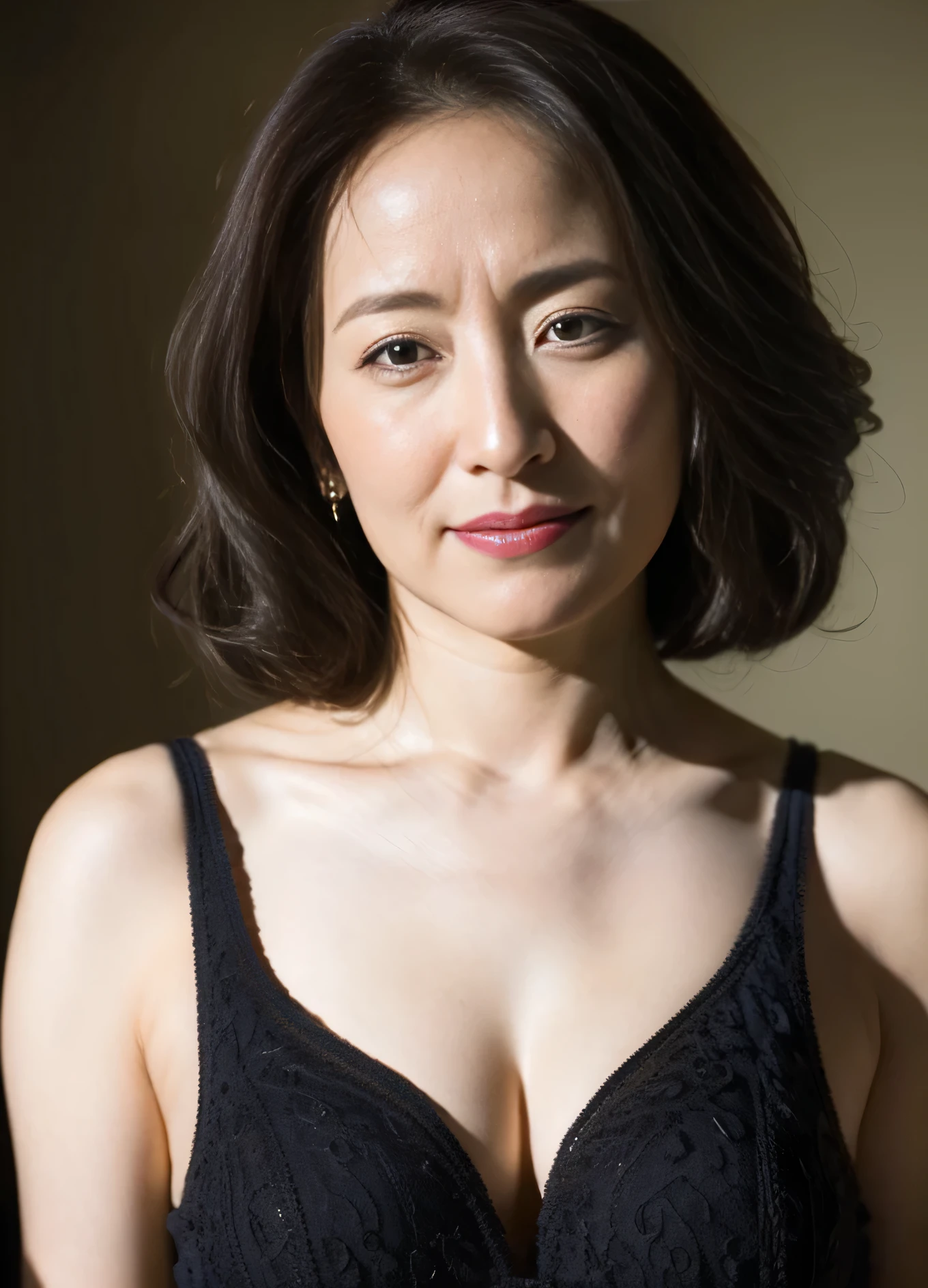 (8k、RAW Photos、Highest quality、masterpiece:1.2、Perfect Anatomy)、(Realistic、Realistic)、1 female、Japanese women、(((Black Hair、short hair、49 years old、Mature Woman、Mother、Incest、Mother-息子 Incest、Obscene)))、((lingerie、Huge breasts、View from the front))