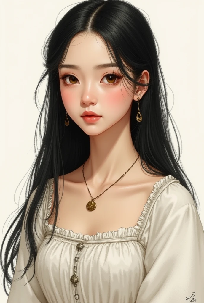  Draw me a 16-year-old peasant girl ,  half Chinese , Half Russian , From the 16th century ,  in a relaxed pose .  She has soft, pale skin ,  straight, inky-black hair and warm brown eyes .  She is modestly and simply dressed in a white dress.  She has a delicate gold medallion around her neck .