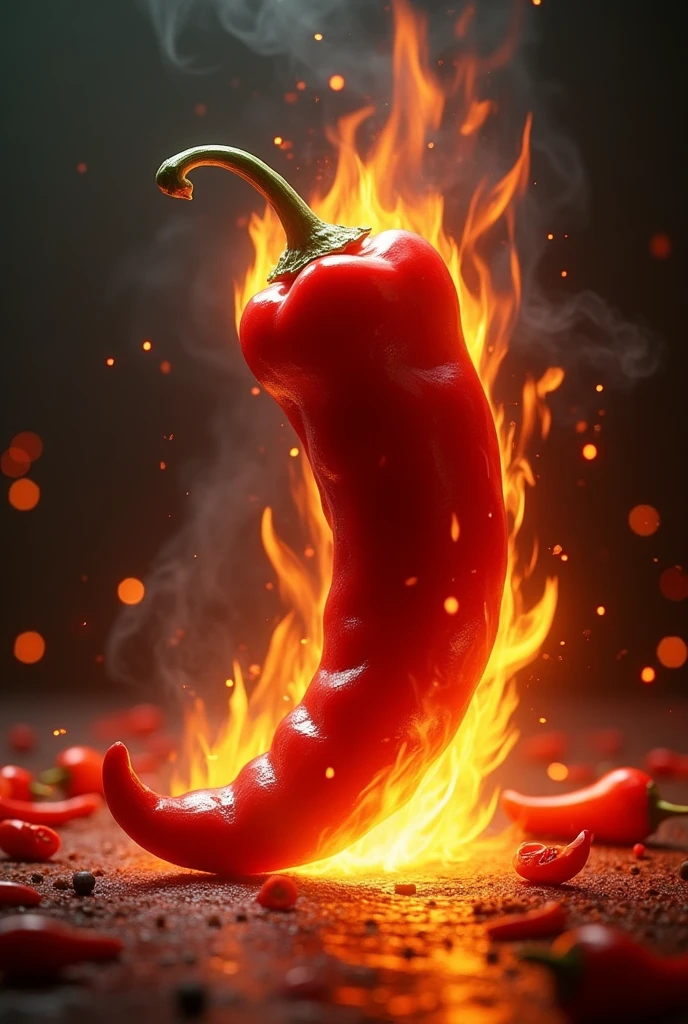 Over the top chili sauce ad, a female ninja is holding her bottom and desperately seeking a bathroom. He bottom is on fire. Chili pepper spiced foods are in each corner, show her from behinf
