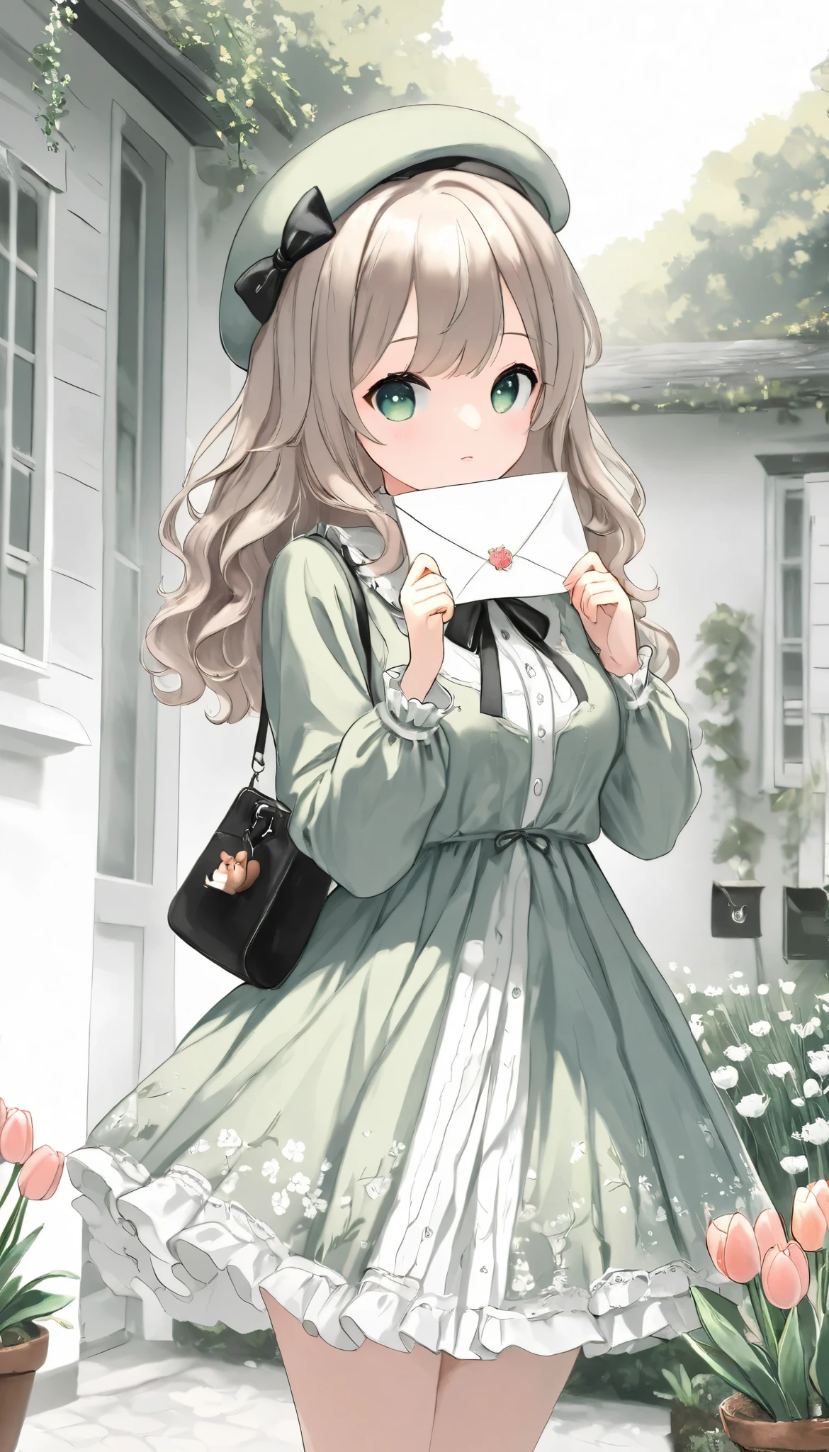 masterpiece, best quality, 8k, highres, ultra-detailed,HDR, UHD, professional,illustration, best quality, 1girl, drkgirl,chibi,green eyes, wavy hair, light brown hair, beret, green beret, ribbon bow, green dress, ruffled collar, black bag, squirrel charm, holding letter, mailbox, floral garden, tulips, quaint house, sunny sky, soft lighting, warm atmosphere, detailed background, peaceful setting, cottagecore aesthetic


