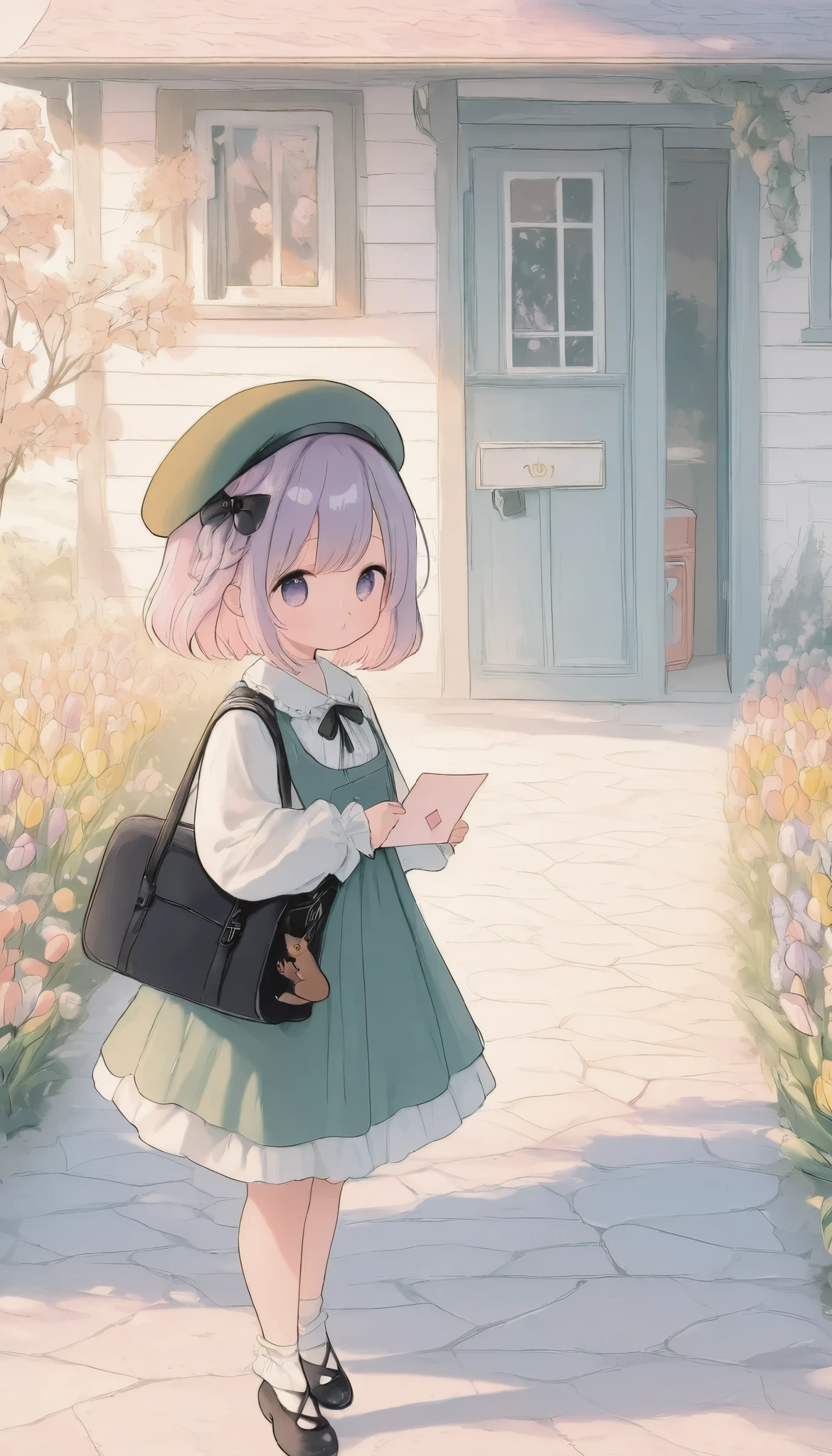 masterpiece, best quality, 8k, highres, ultra-detailed,HDR, UHD, professional,pastel,
Low Fidelity (lofi) art style,
pastel pink and purple tones,
soft orange,illustration, best quality, 1girl, drkgirl,chibi, beret, green beret, ribbon bow, green dress, ruffled collar, black bag, squirrel charm, holding letter, mailbox, floral garden, tulips, quaint house, sunny sky, soft lighting, warm atmosphere, detailed background, peaceful setting, cottagecore aesthetic

