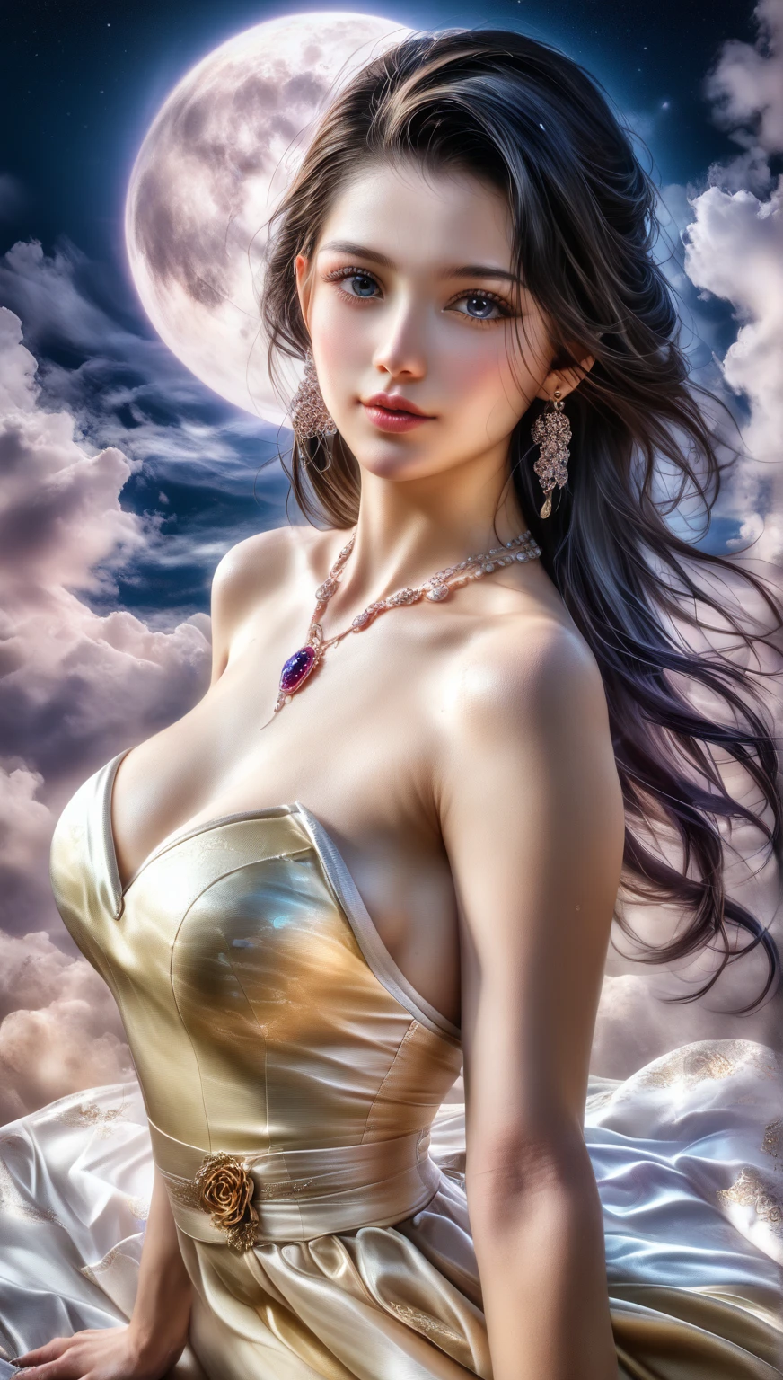 ((Highest quality)), ((masterpiece)), (detailed), Seductive Succubus, Heavenly Beauty, Sit on the clouds, (Fantasy Illustration:1.3), Captivating Gaze, Seductive pose, The charm of another world, Mystical Sky, (Luis Royo:1.2), (Yoshitaka Amano:1.1), Moonlit Night, Soft colors, (detailed cloudscape:1.3), (High resolution:1.2)