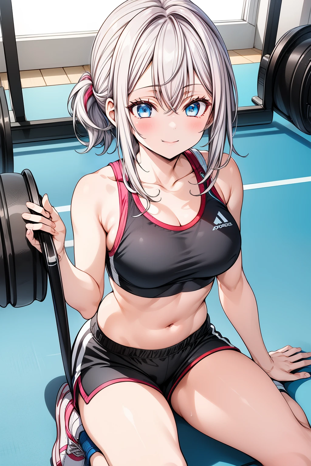   not suitable for work , sexy, firm skin , Obra de arte,  anime style, 1 girl,  looking at the spectator , cute short hair,  messy hair ,  blue eyes ,  silver hair with white tips ,   long hair, smile, Place： Bright and clean gym training area:、 Training mat 、 water bottle 、towel clothes： sportswear（ Sports bra and tights or shorts ） sports shoes hairstyle ： Pose with ponytail or medium style up ,  Looking at the camera with a confident expression 