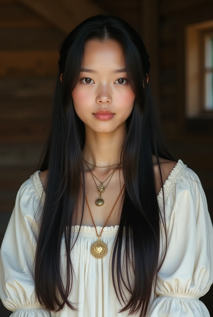 a -yeld pent girl,  half Chinese , Half Russian , From the 16th century ,  in a relaxed pose .  She has soft, pale skin ,  straight, inky-black hair and warm brown eyes .  She is modestly and simply dressed in a white dress.  She has a delicate gold medallion around her neck .