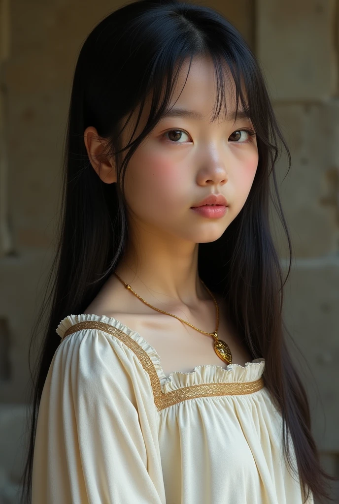 a -yeld pent girl,  half Chinese , Half Russian , From the 16th century ,  in a relaxed pose .  She has soft, pale skin ,  straight, inky-black hair and warm brown eyes .  She is modestly and simply dressed in a white dress.  She has a delicate gold medallion around her neck .