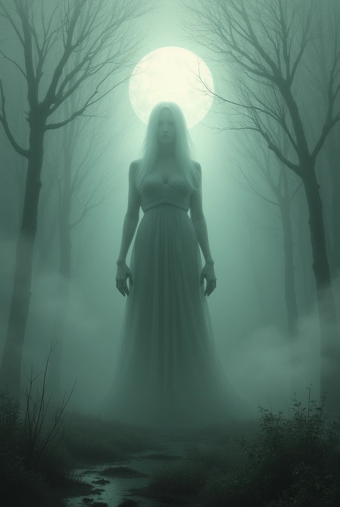 a ghostly figure, with feminine appearance, floats between the trees. She is translucent, dressed in ancient costumes, and his expression is one of deep sadness. The figure seems to be trapped, unable to leave the forest. Ao fundo, the trees are shrouded in mist, with their shadows creating a frightening and melancholic scenario.