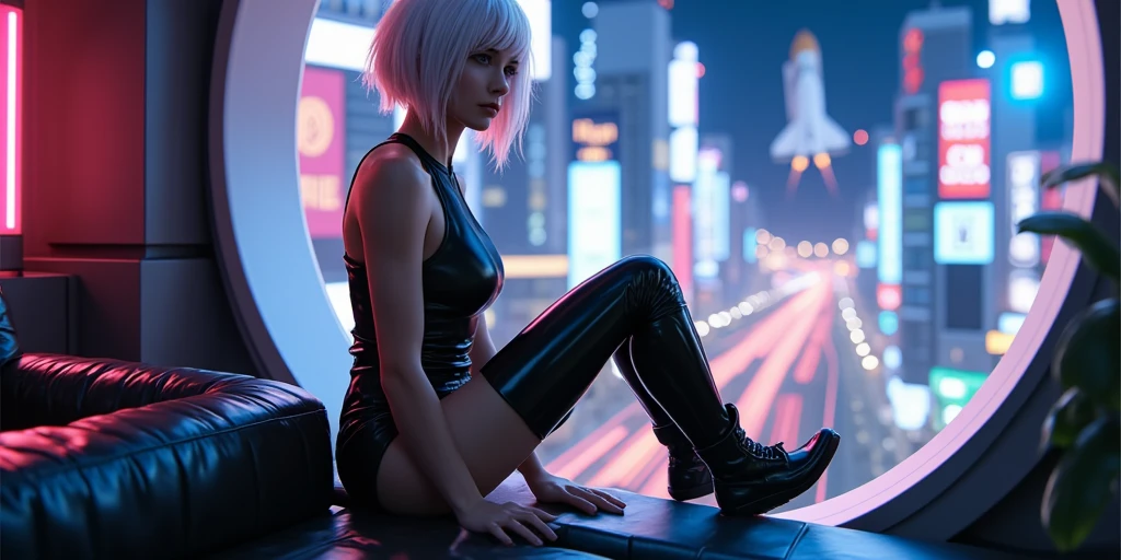 "Ultra-high resolution, UHD, ultra-detailed, hyper-realistic skin texture, high-quality rendering, photorealistic portrait. A futuristic anime-style woman named Lucynova with a choppy, asymmetrical bob of pure white hair featuring short pink and blue highlights. She is seated on the edge of her large oval-shaped glass window in a sleek apartment. A glossy black leather sofa is parallel to the window, overlooking a vibrant cyberpunk cityscape with neon lights, glowing signs, and a space shuttle taking off into the night sky. She gazes outside, her legs resting on the window edge, arms on her knees. Neon reflections illuminate the sharp contours of her black leotard, thigh-high boots, and utility belt—a signature cyberpunk outfit. Shot with a wide-angle lens, capturing her side profile, lit dramatically by the glowing neon city lights."


