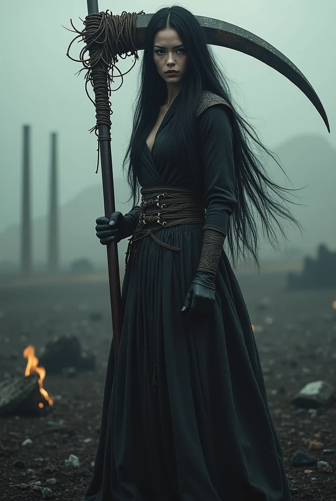 A large sickle, Scythe of Death,A sickle bigger than her body, ((masterpiece, best quality, Highest image quality, high resolution, Reality, RAW photos, 8K)), ((Extremely detailed CG unified 8k wallpaper)), (Huge stunning goddess photo, Very hot and sexy, Stunning beauty, Perfect proportion, Beautiful Body), Movie Posters,Black robe