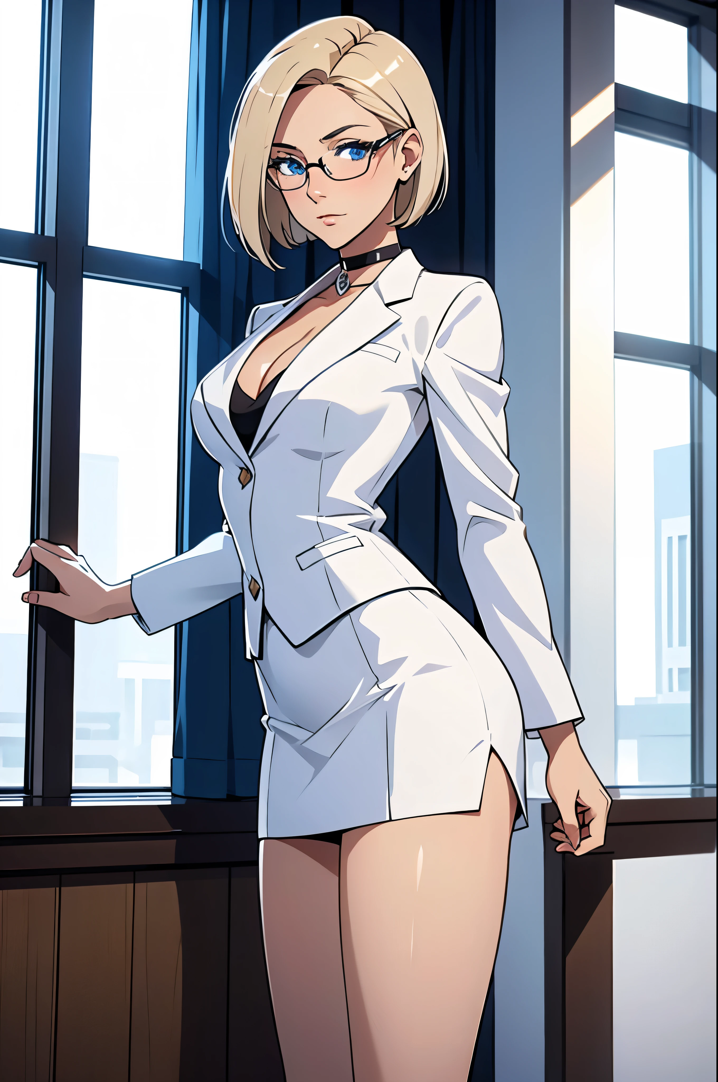 female, short straight blonde hair, blue eyes, white suit jacket, white skirt, long white high heel boots, black choker, no t shirt, medium boobs, glasses, blushing, in front of a window