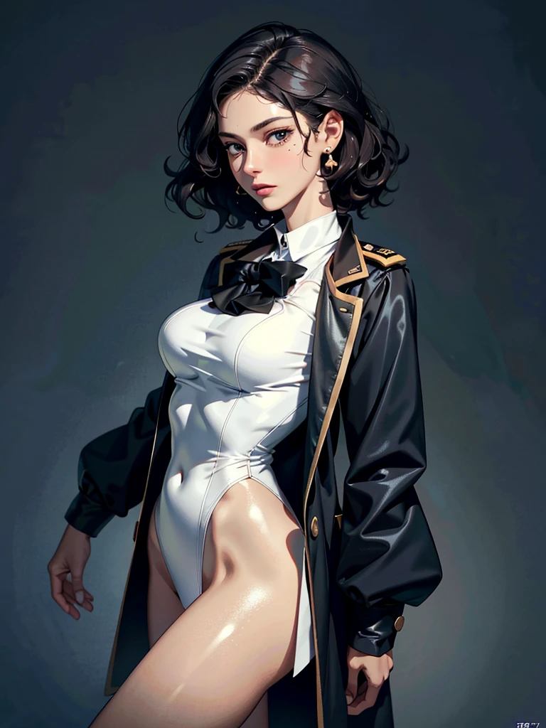 (Hentai Manga style),dark short hair,mahagony-red curly hair,fringe,green eyes,21 years old,black clothing,black uniform,medium:oil painting,female portrait,open smile,vivid colors,soft lighting,studio setting,detailed brushstrokes,luminous complexion,gentle expression,subtle highlights,wispy hair strands,confident gaze,classic black and white palette,dramatic contrast,bold composition,hint of mystery,sophisticated elegance,professional pose,graceful posture,immaculate details,smooth skin texture,impeccable symmetry,subtle background with hints of darkness,mood of intrigue,sublime artistry