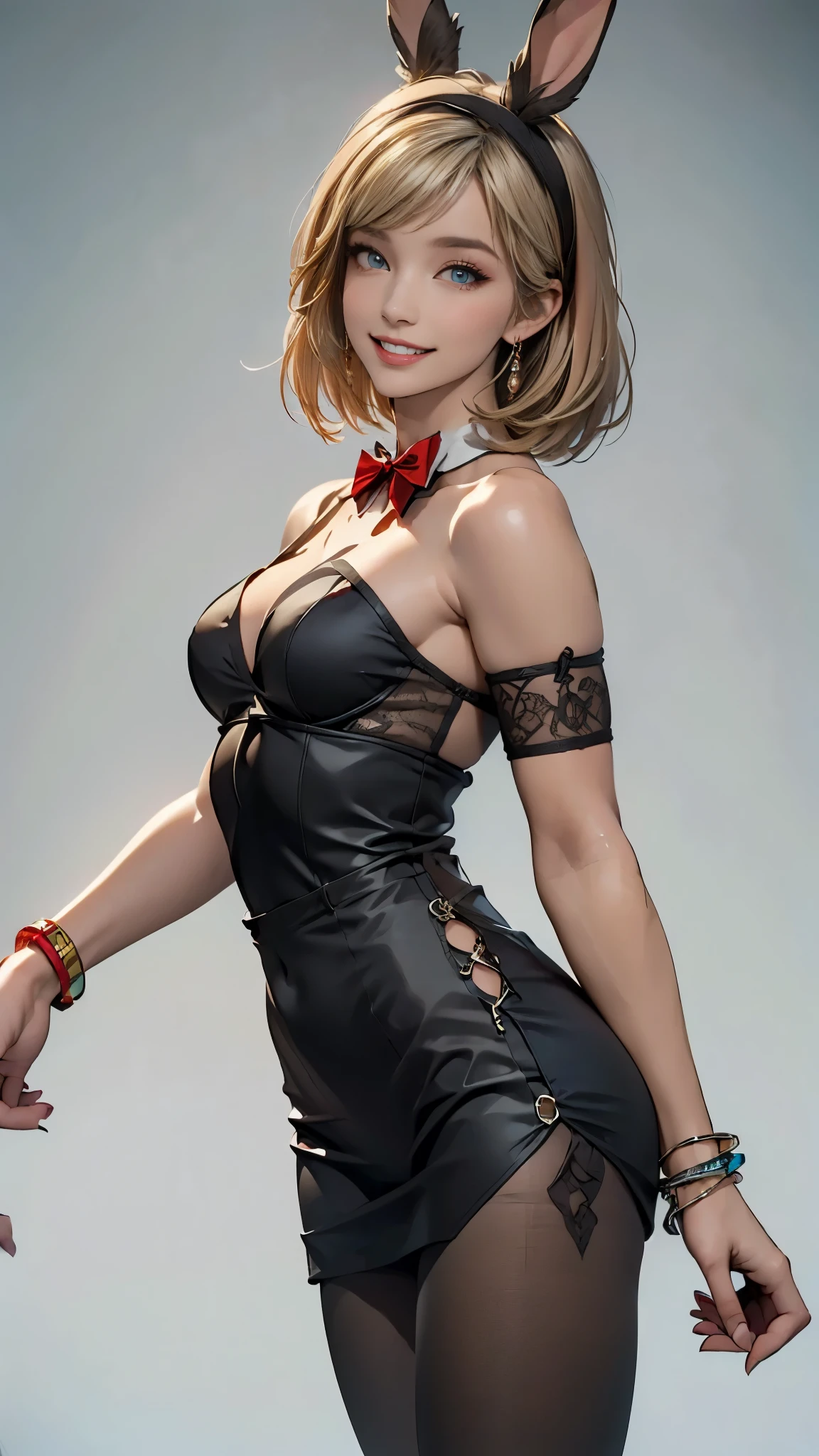 ((最high quality, 8k, masterpiece: 1.3, Ultra HD, high quality, 最high quality, High resolution, Realism)) 、25-year-old Caucasian female、Platinum Blonde、blue eyes、long hair、smile、slender、A voluptuous, feminine body、I want my head to stay off screen、Apply accessories to your wrist、Wearing red nail polish、I have a peticure、anklet((anklet))apply、Wear an off-the-shoulder bodysuit like a bustier、Apply a round tail ornament to the buttocks、Hairband in the shape of rabbit ears、Collar with bow tie、cuffs、Fishnet tights、High heels、Pastel blue background