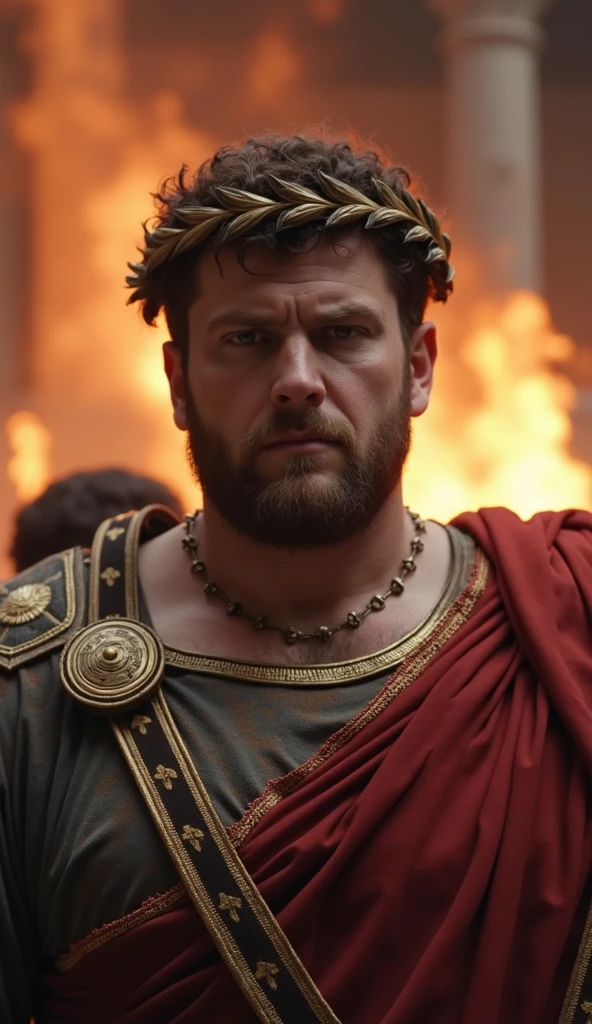 Emperor Nero stands in the foreground, wearing an ornate red toga with gold trim and a laurel wreath on his head, his expression stern and calculating. 

Emperor Nero, as historically depicted, had a distinctive appearance:

Face: Round with a somewhat soft or fleshy structure. He is often portrayed with a prominent nose, full lips, and a 
slight double chin.

Hair: Curly, thick, and usually styled in the fashion of Roman emperors, with short locks combed forward onto his forehead.

Eyes: His eyes are often described as piercing or intense, adding to his commanding and controversial presence.

Beard: In some depictions, Nero is clean-shaven, but later statues and coins show him with a short, trimmed beard.

Clothing: Nero would wear the regal attire of a Roman emperor, including a laurel wreath on his head, a richly adorned toga, and sometimes a cloak (paludamentum) fastened with a decorative brooch.