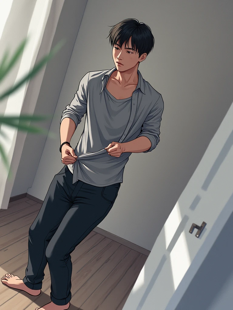 (masterpiece, best quality), best resolution, (2heads:1.5), 1boy, brown hair, short brown hair, dark blue eyes, smiling, dark gray shirt, tan short pants, standing in a doorway, front doorway to the house, suburban street, day