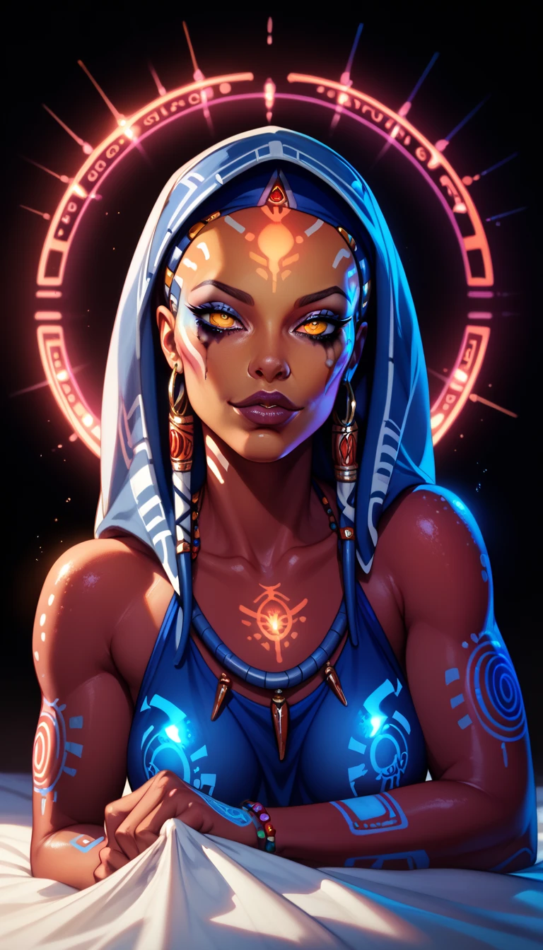 Ancient Extraterrestrial Creature, Alien Being, ((Non-Human)), Female seductive Alien, colorful skin, Revealing Glowing Biopunk, Holographic Alien Tribal, Tribal Alien Priestess, Glowing Makeup, Blacklight, Glowing, Seductive Alien Technology, Black Background, Character Design Sheet