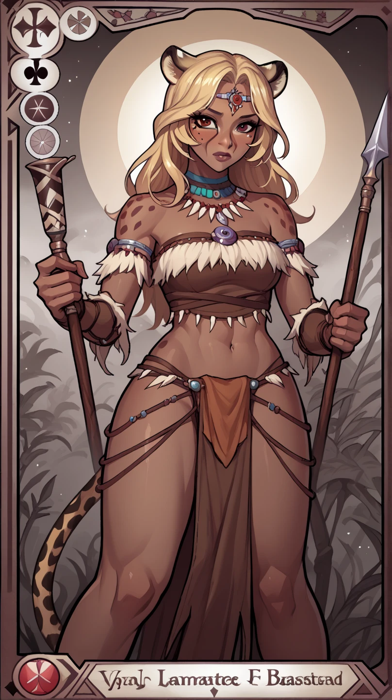 Beautiful hippie man, femboy, soft and pretty face, freckles, dark_skin, brown body, exotic, hazel eyes, grass skirt; has feline tail, brown ears; messy blonde long mane, toned, athletic, barefoot, dirty, muddy, floral clothing