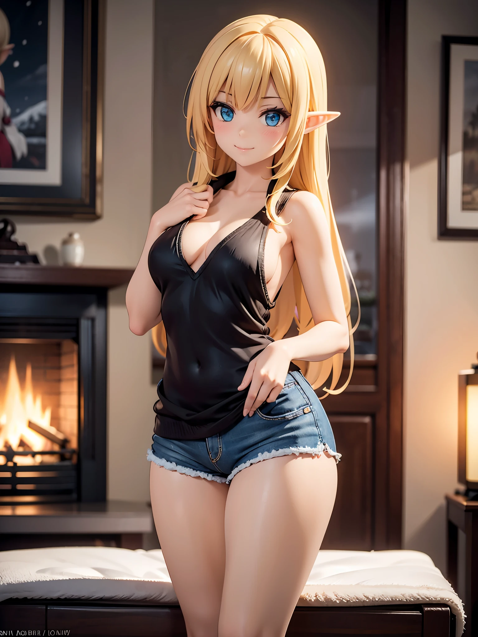 Realistic image, Detailed image, 1 small elf. Long silky loose hair, blonde hair, Blue eyes, Long eyelashes. Sleeveless sweater, V-neck sweater. minishorts. Stockings to mid-thigh. Medium breasts, slim waist, wide hips and thick thighs. smiling. Arched back. Living room with fireplace. Winter. Snowy day. Volumetric light. Ambient light.