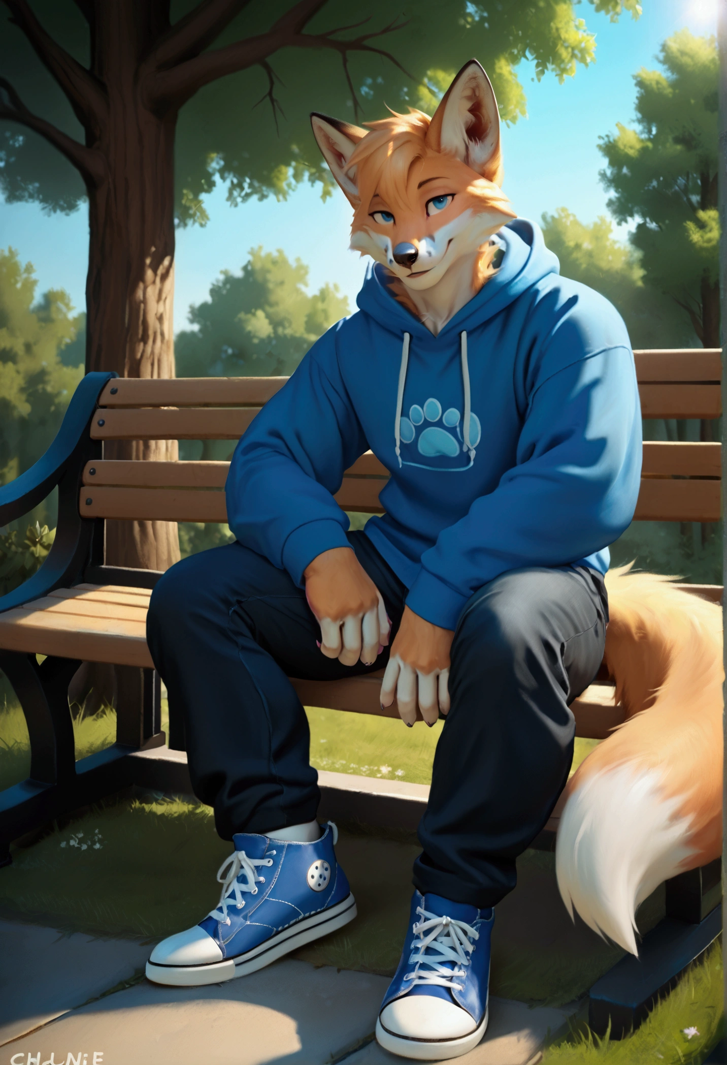 4k, high resolution, best quality, perfect colors, perfect shadows, perfect lighting, posted on e621, furry body, solo, An anthropomorphic furry fox the color of blueberries with light blue eyes, wearing an oversized navy blue sweatshirt, black cargo pants, and royal blue Converse sneakers, sitting on a bench in a tree-filled park at sunset, game of lights with sunlight in the background, aesthetic, high resolution, high quality.
