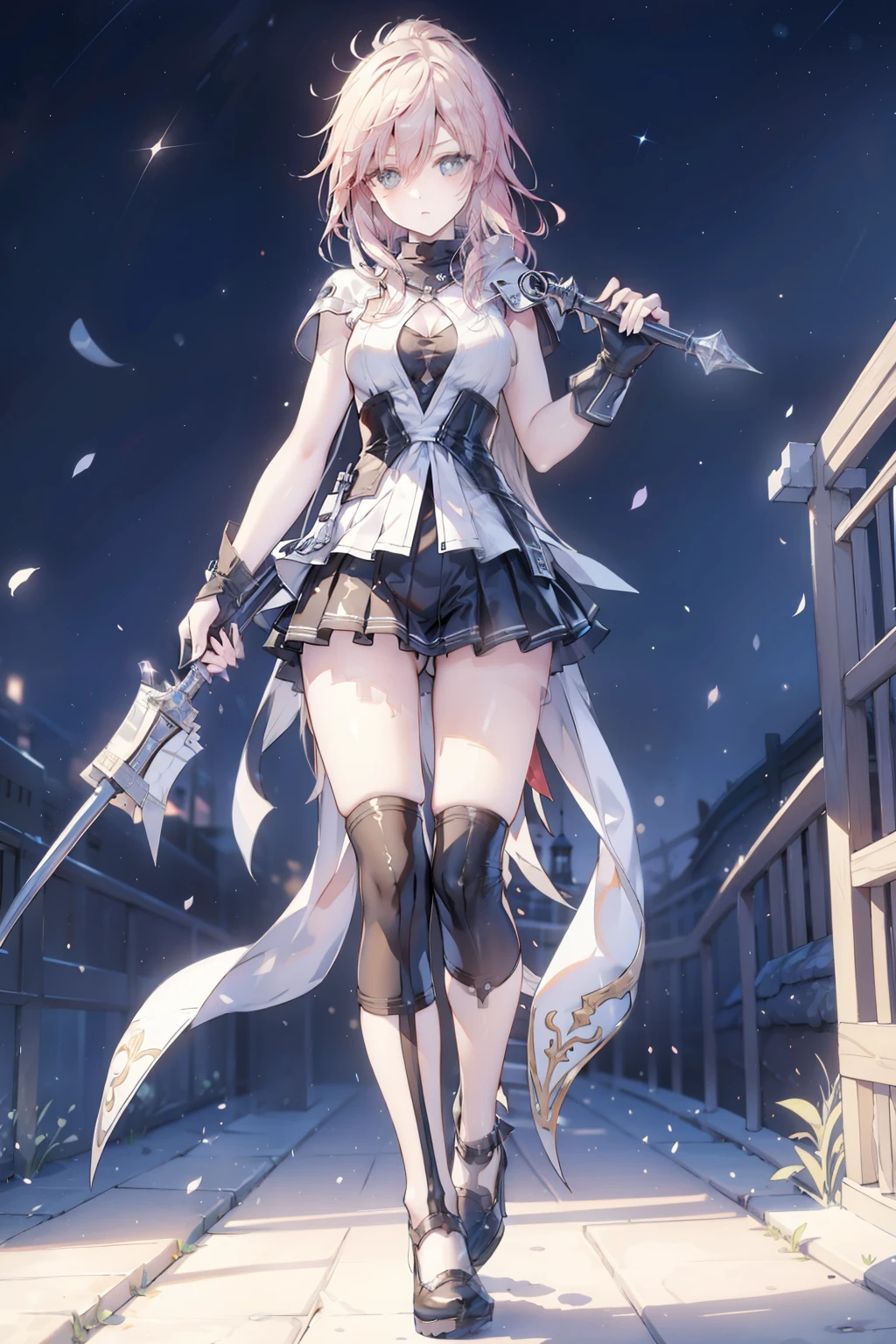 1 girl, ultra long hair, ultra detailed face, glowing lips, Claire Farron from final fantasy XIII, glowing blue eyes, very long ponytail, elegant walk, catwalk, holding down a  giant katana, blonde, long eyelashes, long boots , looking to the sky, starry sky, a ultra giant katana 