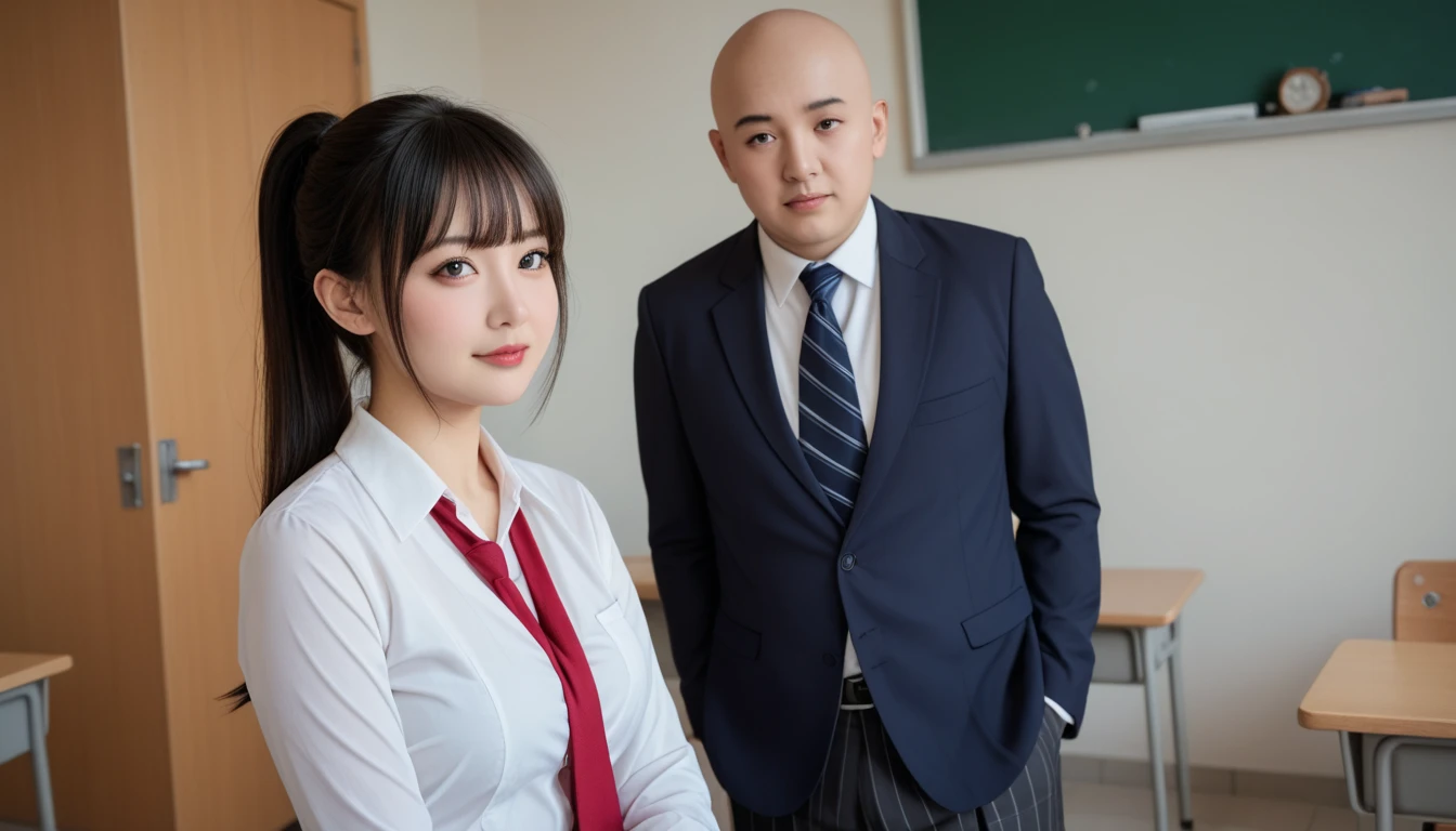 Shot of one teacher and one female student、In the classroom１ｍAway、 standing、 female high school student is 18 years old 、 high school uniform 、 white blouse 、 Black Pleated Skirt 、 160ｃｍ、Long black hair、Ponytail、bangs、 cute face、Beautiful face、 natural smile 、 slim body、 tall, slim waist 、Ample breasts、F Cup、 well-groomed body line like a model、 Looking at Camera 、 The male teacher is 55 years old and wears a tie in his suit and is 165 tallｃｍ、 bald head, fat, and belly sticking out 、Tired face and lascivious vulgar face 、 The male teacher is watching a female high school student 、 they both stand naturally 、Facing each other、 detailed raw color photo ,  professional photo , ( real、フォト real:1.37)、 SUPER DETAIL , High image quality,  best quality,  high definition , 8k, UHD, masterpiece、Bright natural light、