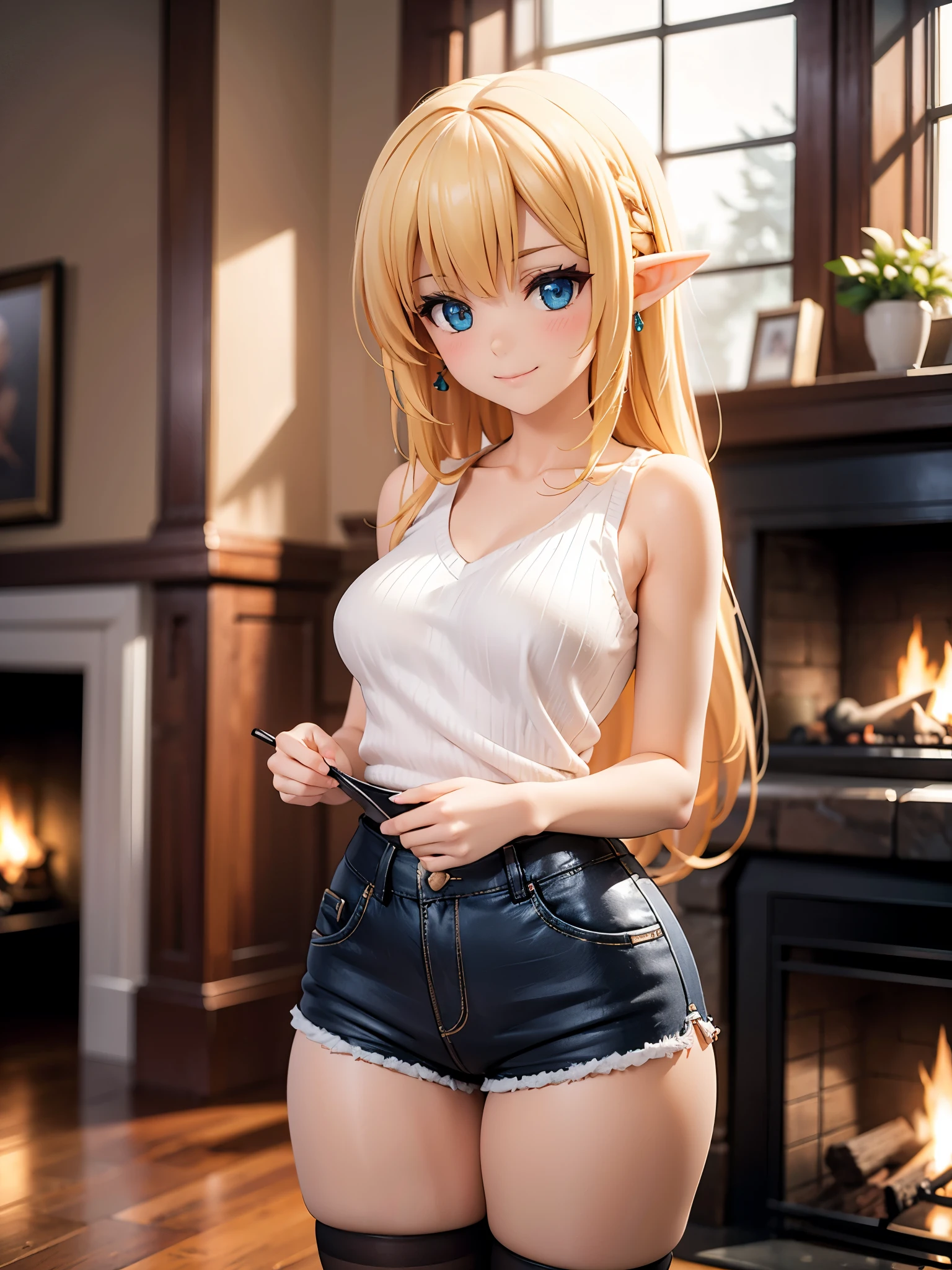 Realistic image, Detailed image, 1 small elf. Long silky loose hair, blonde hair, Blue eyes, Long eyelashes. Sleeveless sweater, V-neck sweater. minishorts. Stockings to mid-thigh. Medium breasts, slim waist, wide hips and thick thighs. smiling. Arched back. Living room with fireplace. Winter. Snowy day. Volumetric light. Ambient light.