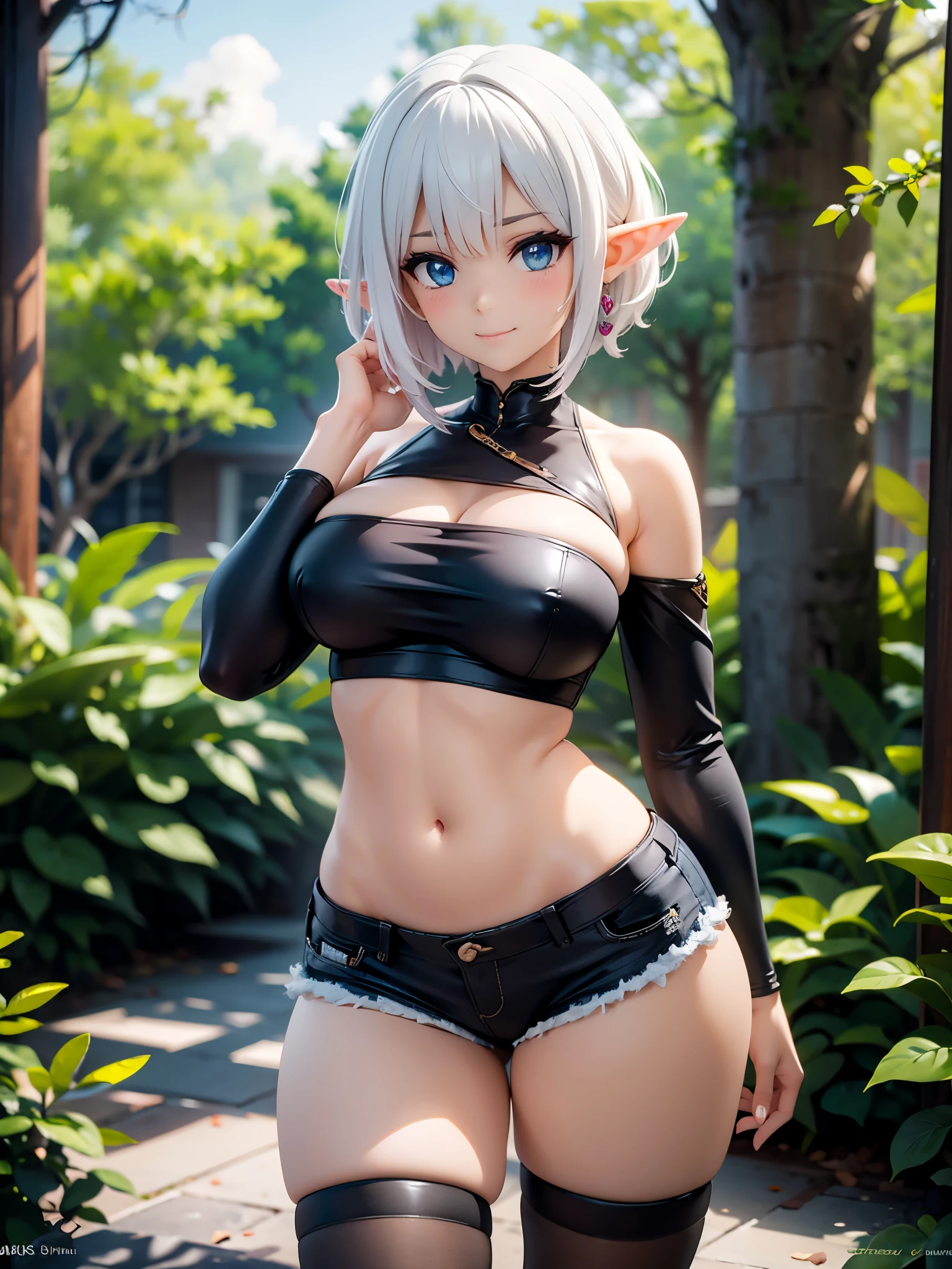 realistic image, coherent image, detailed image, 1 beautiful elf. She has short, white hair. Her eyes are blue, long eyelashes. Her face is oval and delicate, smiling. She is wearing a long-sleeved off-the-shoulder t-shirt, showing her navel, ripped shorts, and mid-thigh stockings. She has a curvy body, medium breasts, thick thighs. sexy pose, surrounded by nature, natural lighting, volumetric lighting,