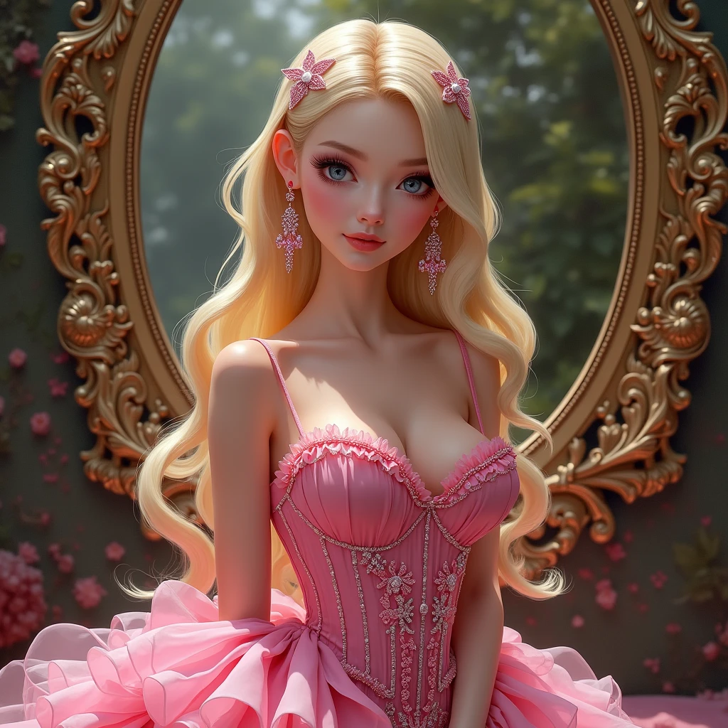 dynamic lighting, 3D model art, A Barbie princess wearing a lovely pink dress, bright,Natural Lighting,morning light,((barbie interior design)), borrowing elements from the scenic grandeur of National Geographic landscapes, beautiful scene is brought to life, by the talented Alec Soth, retina, anatomically correct, textured skin, award winning