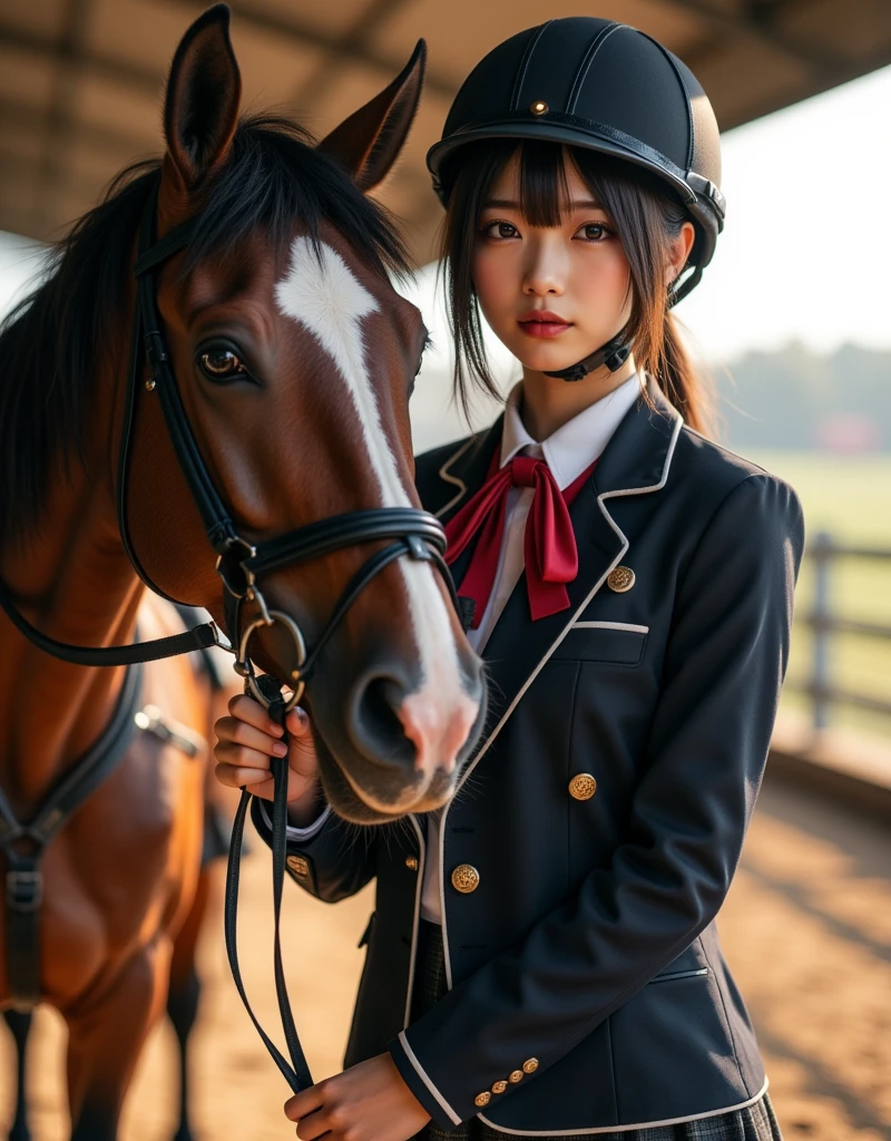 ultra-realistic, photorealistic, dramatic scene, shadow, global-illumination, solo, (20 years old Japanese famous idol girl:1.5), very beautiful fragile Japanese girl, very beautiful with very cute face, dynamic angle, detailed face skin texture, detailed face with mole, full body, She is a horse racing jockey but high school student, (wearing a gray colored Japanese high school cute uniform of white shirt with blazer and skirt, red ribbon:1.2), jockey's helmet, jockey's long boots, She is feeding a horse