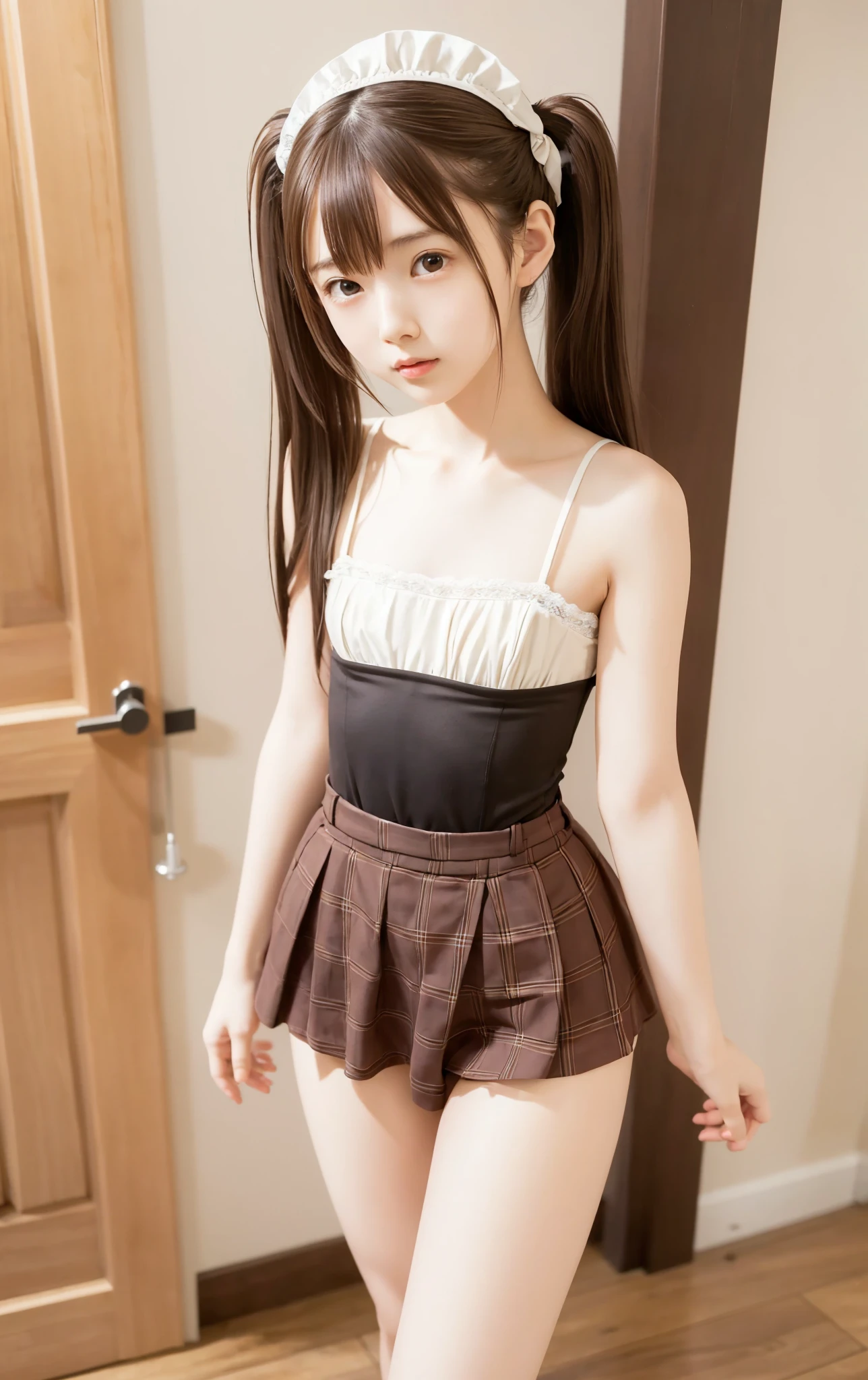 Maid,cute pretty girl,masterpiece,high definition,4k,8k,16k,twin tails,brown hair,slender body,thin leg, thin arm, thin body,small,18yo