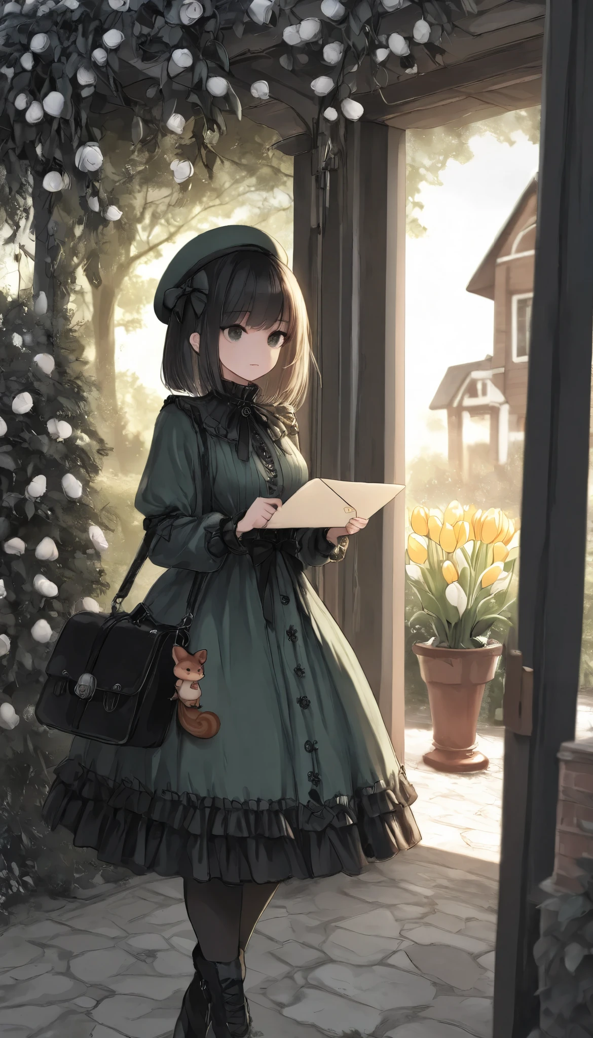 masterpiece, best quality, 8k, highres, ultra-detailed,HDR, UHD, professional,dark gothic,illustration, best quality, 1girl, drkgirl,chibi, beret, green beret, ribbon bow, green dress, ruffled collar, black bag, squirrel charm, holding letter, mailbox, floral garden, tulips, quaint house, sunny sky, soft lighting, warm atmosphere, detailed background, peaceful setting, cottagecore aesthetic