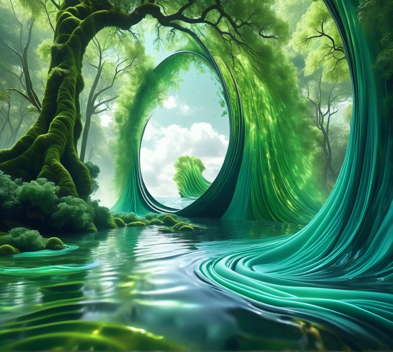   Amazing Matte Painting  ，  Depicts a river blooming with green water,  Ultra Realistic Waterscape Art , in   a surreal dream landscape,   Scenery Swirling in the Forest ,  super realistic 8k ,  Realistic Wrinkled Fabric ,    Incredible digital art   , surreal scene, Water Art Control ,  Surrealist Digital Art  ,   a surreal dream landscape, breathtaking digital art,  Surrealist Digital Art ,  Surreal 3D rendering ，21:9