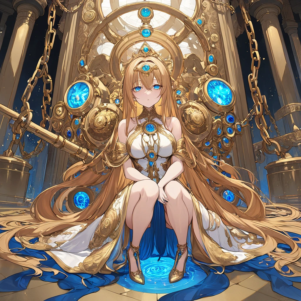 Masterpiece, Very detailed, Best quality, Ultra-detailed, one beautiful very tall brooding girl. lovely long golden-copper hair, beautiful deep eyes, well endowed chest. She is wearing an elegant gown and is wearing high heels. She is sitting on her knees on the ground. She is shacked and chained in a temple, surrounded by candles with blue flames. There is a giant hourglass with a clock on it behind her. Her eyes are golden and have clocks in them. She is the chained Goddess of Time.