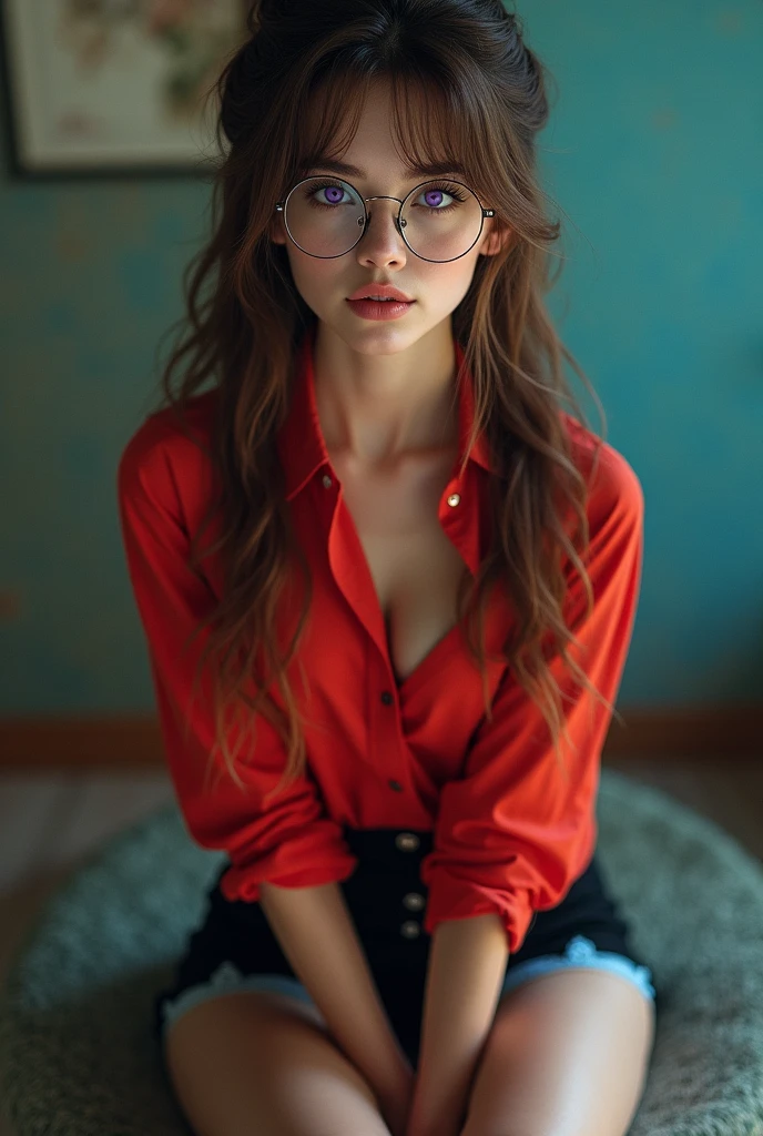 (masterpiece, photorealistic:1.4, extremely intricate:1.3), (photon mapping, radiosity, physically based rendering, ultra resolution, hyper-realistic, photorealistic:1.4, hyper-realistic, 8K), ((detailed athlete woman, (25 years, soft loose red black print shirt, unbuttoned, decolletage, jeans, [ginger hair:dark hair:0.2], touseled hair, [medium breasts:small breasts:0.8]), sitting, velvet couch, ([clear eyes:blue eyes:0.6], necklace, glasses), [makeup:natural:0.5], elegant:1.1), BREAK, (((bokeh, Fujifilm, volumetric dim)))