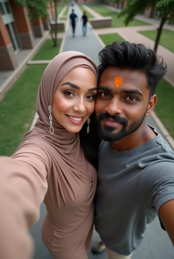Kerala hijab straight couple in wayanad. Realistic photo.showing face. No ornaments.Female is white skin tone chubby curvy with black hairs showing cleavage Looks like actress nithya menon. Male is black skin tone with beard
