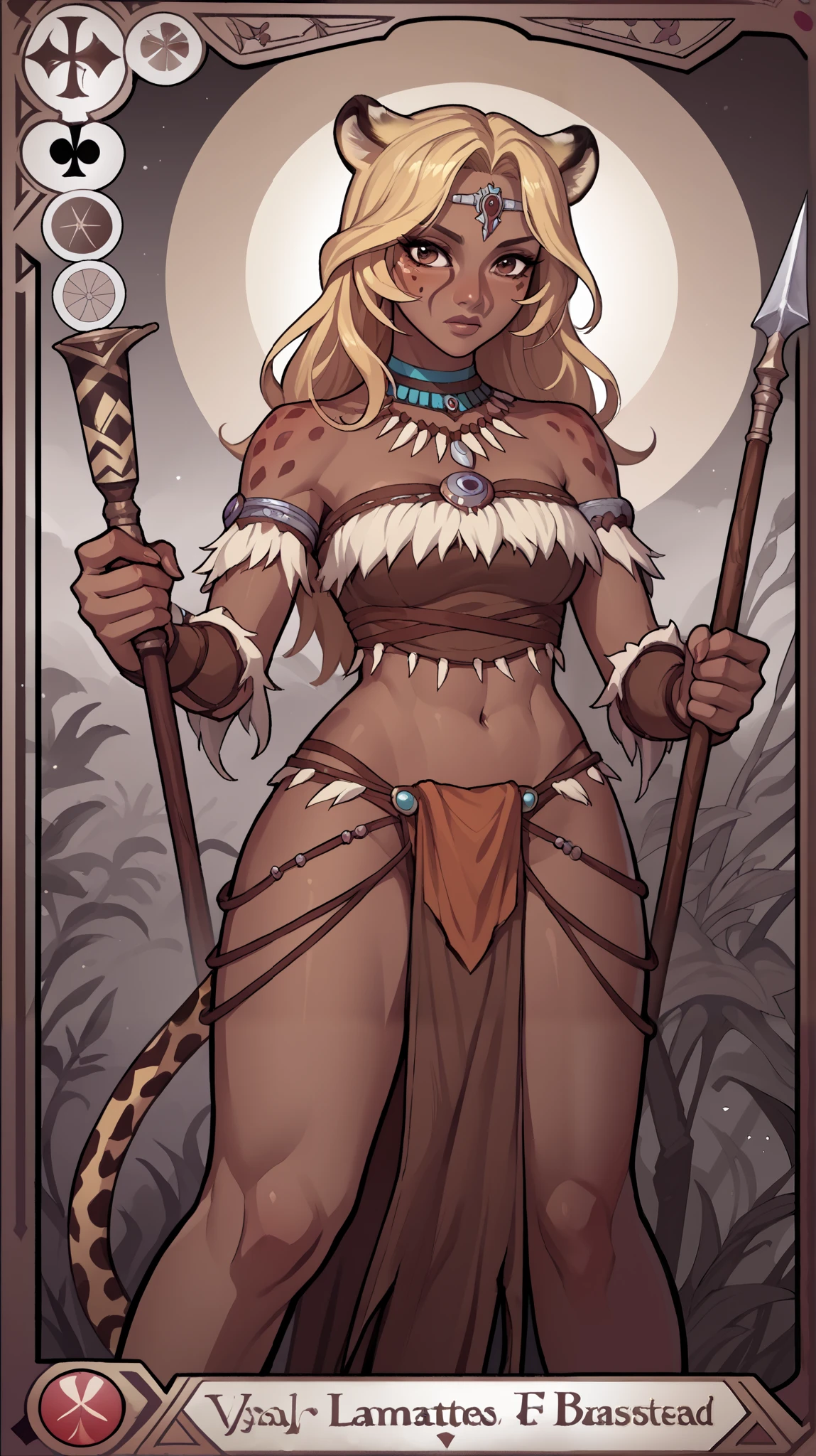 (zPDXL2), (PonyXLV6_Scores), source_anime, source_anthro, Expressiveh, asymmetric image, BREAK
lhata4564, ((solo)), female, Full body standing painting, Simple line design, (cheetah girl, anthro), animal ears, ((holding spear in hands)), long hair, dark skin, dark skinned female, blonde hair, brown eyes, eyelashes, frills, tribal outfit,
((tarot card background, symmetric beauty)), perfectly symmetrical, The art of symmetry, Standing drawings of characters, flat colors