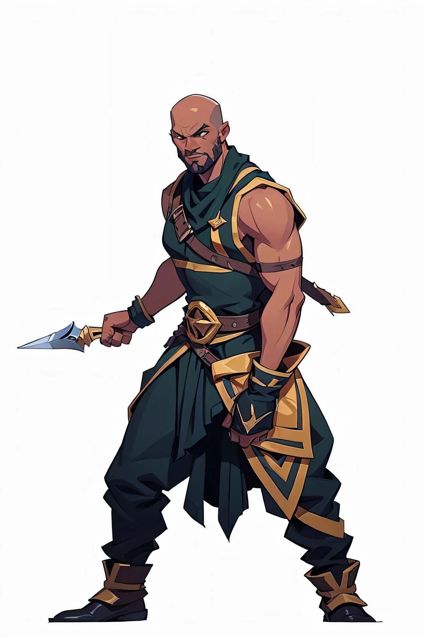 mstoconcept art, european and american cartoons, game character design, solo, 1MAN, human, black skin, african, , CLEAN FACE, GRAY BACKGROUND, rogue, black assassin clothes, no sleeves, holding 1 dagger on each hand, FULL BODY, STANDING, black leather clothes, no HAIR, bald, no beard, fantasy rpg rogue, (((detailed))), (((high resolution)))