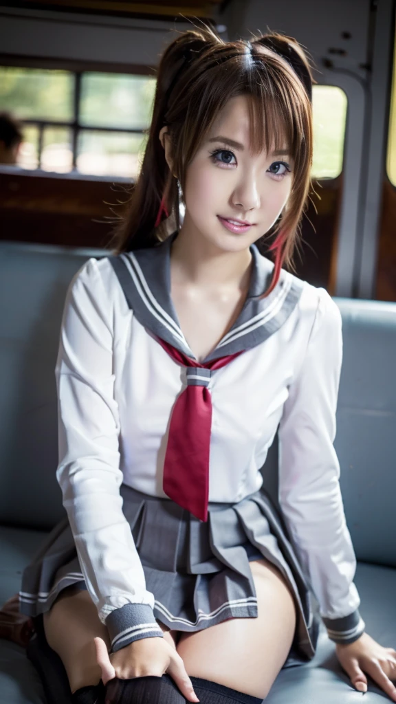 (8k), ( best quality: 1.2), (Realistic), (Realistic: 1.37),  ultra high resolution,  1 girl, cute,  Serious Face ,  closed mouth,  beautiful details , Beautiful Nose, Beautiful Hair,  ponytails, pork, Thighs，Self snap, school uniform,Riding a train in Tokyo, simple blazer Pleated Skirts,(the skirt and tie:1.3),Cross-legged, the above,(Close up on thighs),(Shiny thighs),(Uniquely designed knee-high socks  :1.2)、Knee-high、 sitting with legs open 、 very thin 、Super Real Photo、 best quality,  Ultra High Definition,  textured skin,  best quality,  anatomically correct,  8k octane,  portrait photography,  movie light effect that won't light up, 、 random hairstyle、 low angle、Knee-high socks with unique designs 、( panties visible through gaps between legs)、Short length、 panchira 、 sitting with legs open 、Selfie、 super real photo、cinematic portrait、Cinematic lighting effects、 masterpiece、 panchira 、