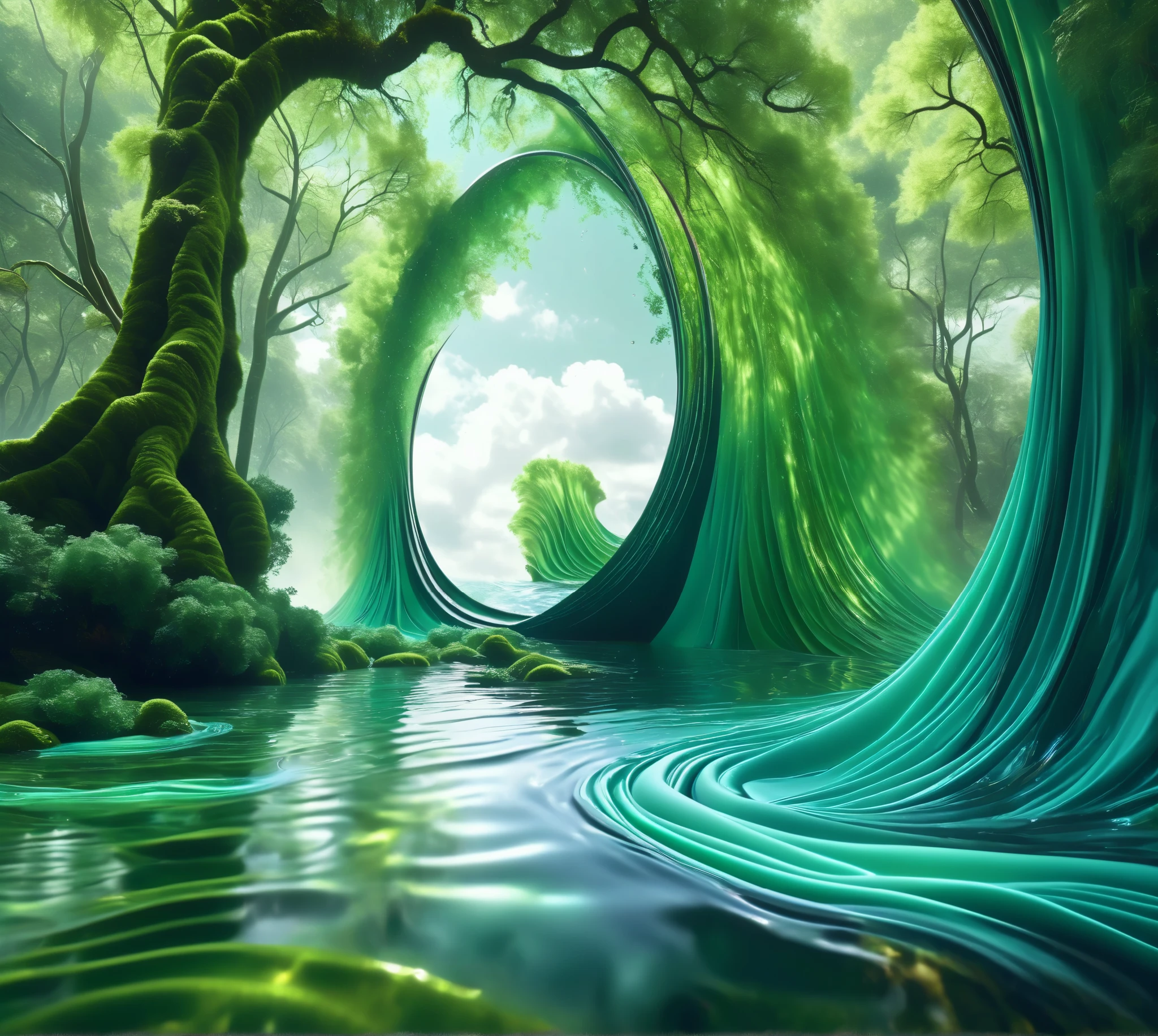   Amazing Matte Painting  ，  Depicts a river blooming with green water,  Ultra Realistic Waterscape Art , in   a surreal dream landscape,   Scenery Swirling in the Forest ,  super realistic 8k ,  Realistic Wrinkled Fabric ,    Incredible digital art   , surreal scene, Water Art Control ,  Surrealist Digital Art  ,   a surreal dream landscape, breathtaking digital art,  Surrealist Digital Art ,  Surreal 3D rendering ，21:9