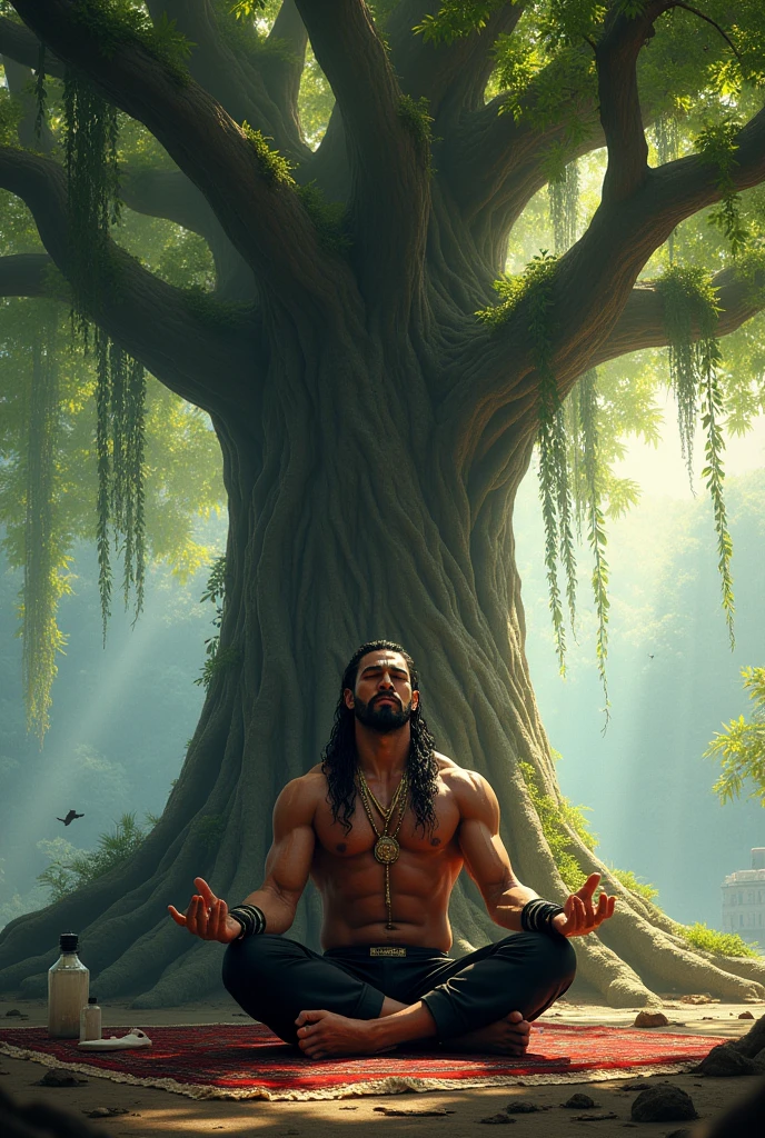 (professional 3d render:1.3) af (Realistic:1.3) most beautiful artwork photo in the world,Features soft and shiny male heroes, ((Epic hero fantasy muscle man rough wet hero sitting doing yoga in the clear water river among the stone. Calmly and peaceful looking long hair short beard and ferocious expression in dynamic pose, Fantastic location, Majestic cluttered environment)), Full body 8K unified rendering, action shot, skin pore, very dark lighting, heavyshading, Detailed, Detailed face, (vibrant, photograph realistic, Realistic, Dramatic, Dark, Sharp focus, 8K), (Old leather garments damaged by weathering:1.4), ((((Wear fur)))), (Intricate:1.4), decadent, (Highly detailed:1.4), Digital painting, rendering by octane, art stations, concept-art, smooth, Sharp focus, illustration, Art germ, (loish:0.23), wlop ilya kuvshinov, and greg rutkowski and alphonse mucha gracias, (Global illumination, Studio light, volumettic light), heavy rain, and big white lion sitting on his side and drink water particles floating, lotr, fantasy, elf, full bodyesbian, (green and beautiful landscape