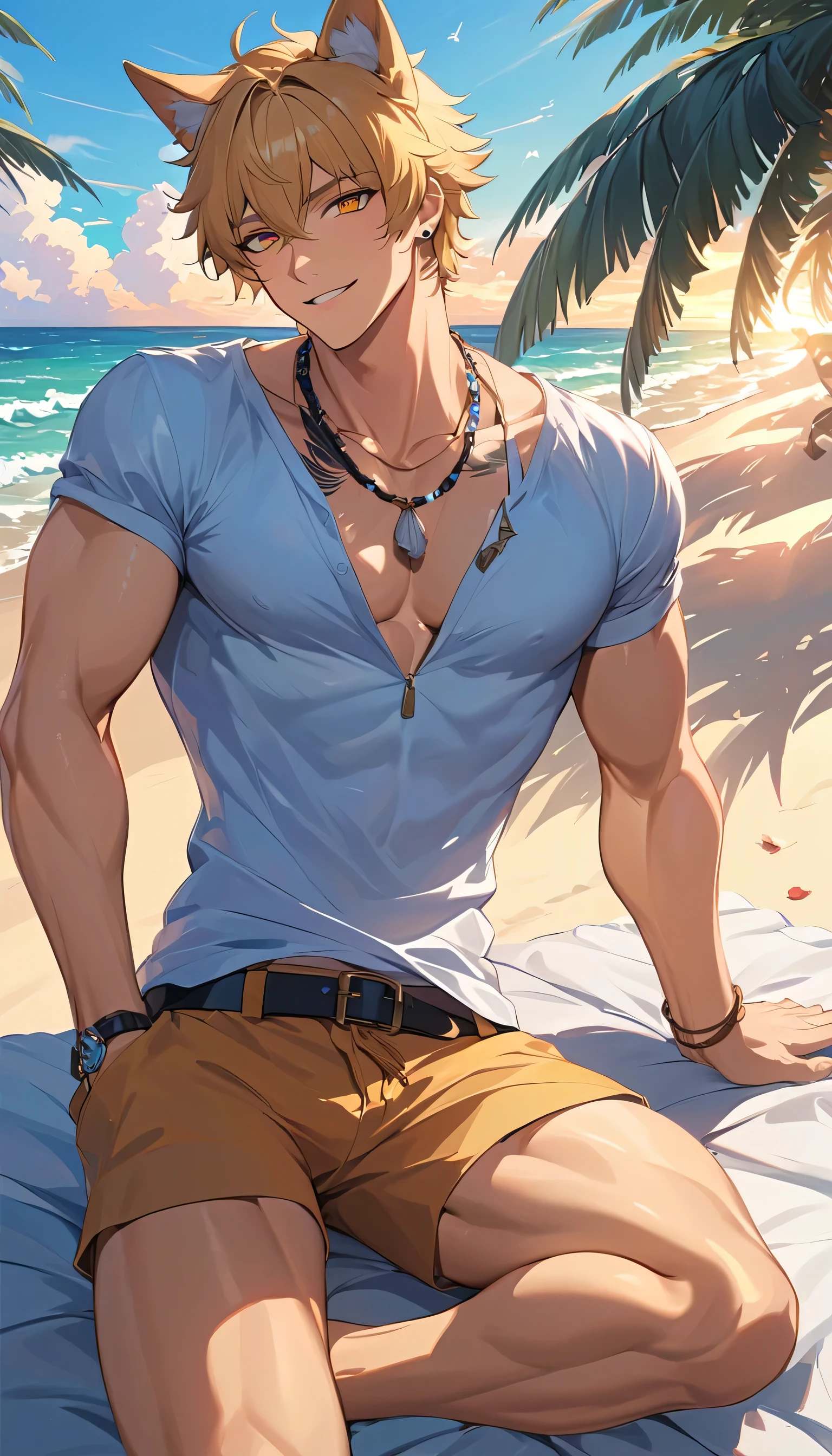 ((best quality)), ((Masterpiece)), (details), perfect face,high definition,Masterpiece,4k,details clearly,,,Handsome face,white skin,perfect body,male body,strong muscles,Abdomen muscles are wavy.,abdomen,blue eyes,white skin,The most handsome man in the world,handsome,,The coolest face,Male characters,Strong breasts,beautiful eyes,Look clearly...,short hair,Blonde hair,smile,happy face,kindness,perfect Body,Sixpack,Bright Skin,Healthy,shorts,Dark eyebrows,shirtless,Model,Bright lights,Posing,Happy,wet Skin,Yacht,on the Yacht,clear sky,Beautiful ocean,stand on boat,The wind is blowing,relexing,Good lips,Full HD,beautiful light,Sun light,focus body,muscular,beautiful eyes,V shape,perfect male face,handsome,sexy man,beach shirt,open shirt,windy,colorful outfits,nacklace silver,piercing