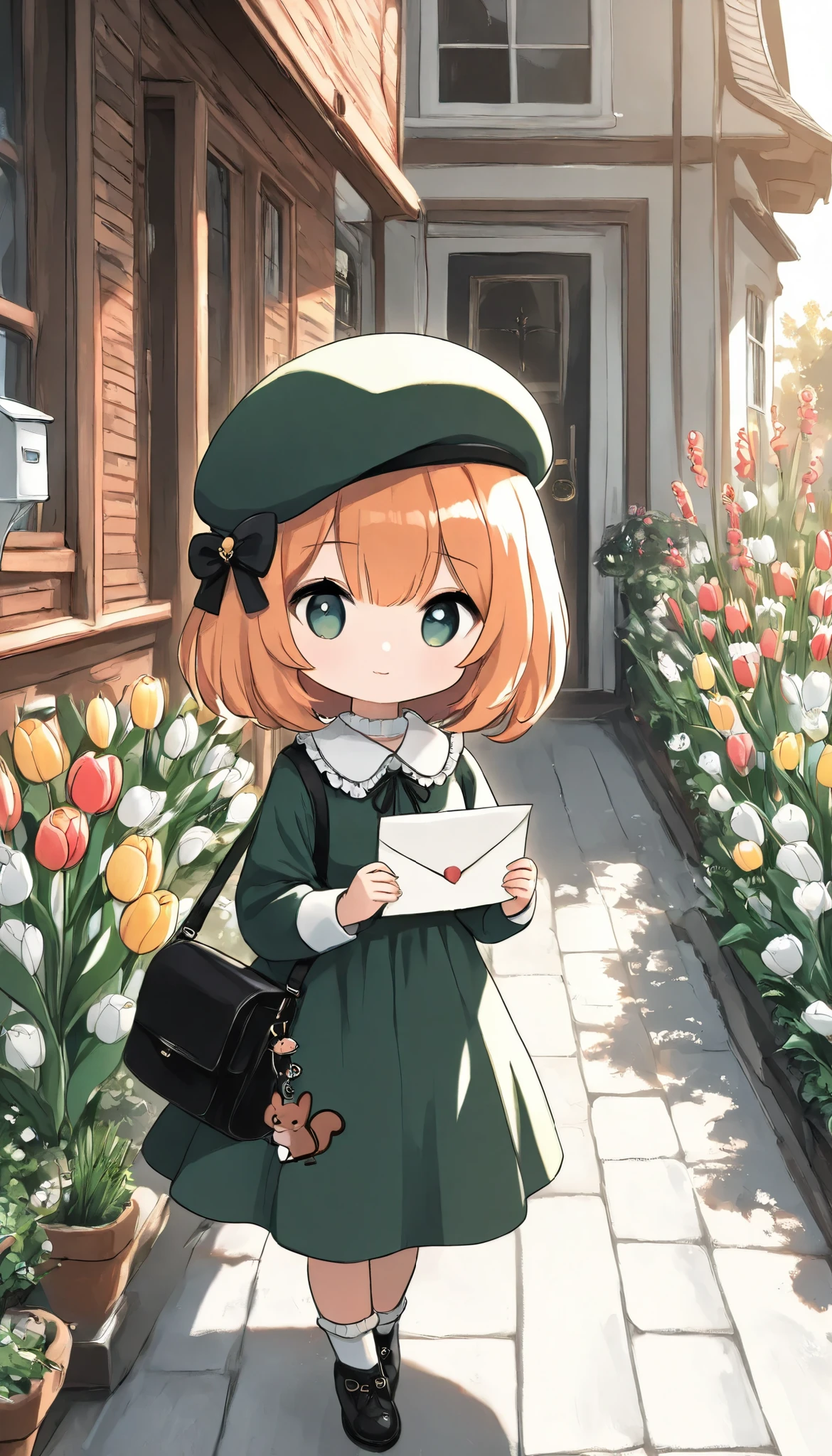 masterpiece, best quality, 8k, highres, ultra-detailed,HDR, UHD, professional,pop art,illustration, best quality, 1girl, drkgirl,chibi, beret, green beret, ribbon bow, green dress, ruffled collar, black bag, squirrel charm, holding letter, mailbox, floral garden, tulips, quaint house, sunny sky, soft lighting, warm atmosphere, detailed background, peaceful setting, cottagecore aesthetic