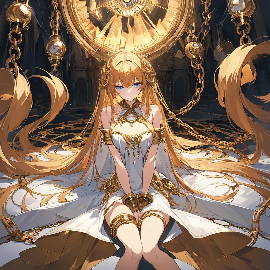 Masterpiece, Very detailed, Best quality, Ultra-detailed, one beautiful very tall brooding girl. lovely long golden-copper hair, beautiful deep eyes, well endowed chest. She is wearing an elegant gown and is wearing high heels. She is sitting on her knees on the ground. She is shacked and chained in a dark temple, surrounded by candles with blue flames. There is a giant hourglass with a clock on it behind her. Her eyes are golden and have clocks in them. She is the chained Goddess of Time. She is wearing an elegant chromatic toga. She has shackles and cuffs on her wrists and ankles.