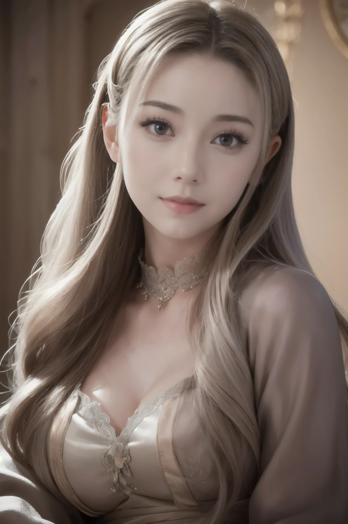 Sana, A beautiful silver-haired medieval woman with a soft face and wavy hair, big brown eyes, detailed face, long eyelashes, wearing modest clothes, elegant silk flower background, cinematic photorealistic lighting, dramatic night scene, (best quality,4k,8k,highres,masterpiece:1.2),ultra-detailed,(realistic,photorealistic,photo-realistic:1.37),cinematic,dramatic,moody,warm light