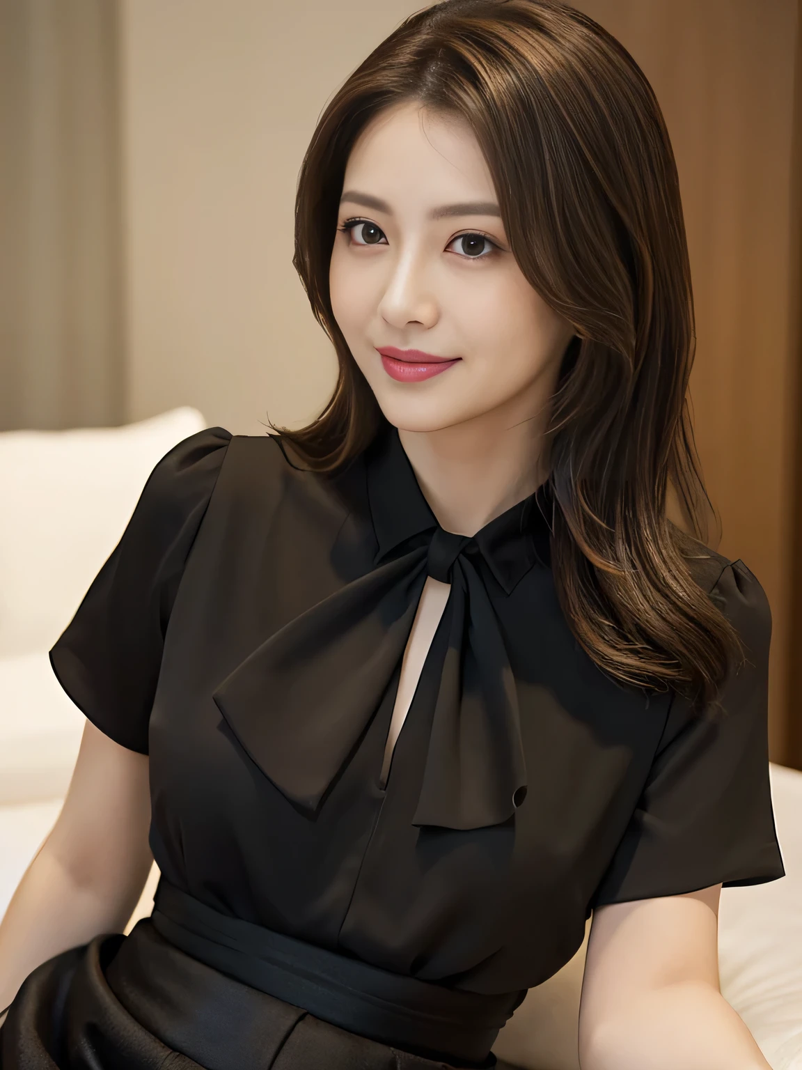 Araffe woman in black dress sitting on a bed with a white pillow ...