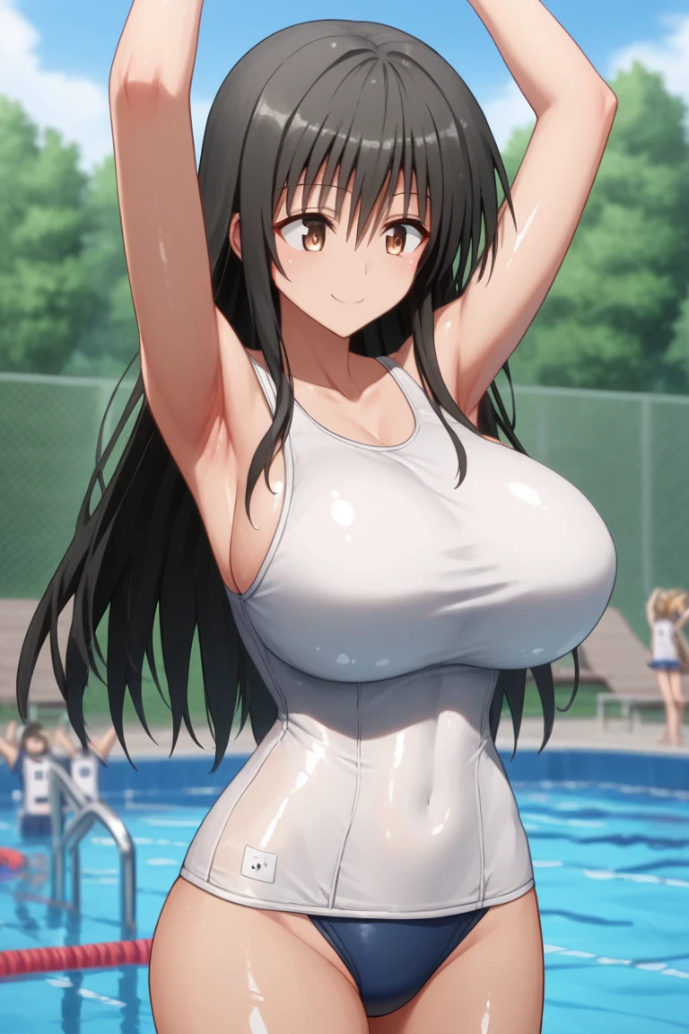 yui kotegawa, black hair, brown eyes, long hair, huge breasts, school swimsuit, white swimsuit, smile, arms up, spread arms, armpits, (shiny skin:1.2), from front, outdoor, pool, masterpiece, best quality, ultra-detailed, high resoolution, 8K, detailed background, dynamic moving, detailed face, anime,