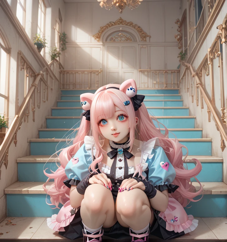 Anime Style, Super precise illustration, Very detailed, beautiful, 8k,cute, woman, Sexy Face, Yellow ,there is a woman sitting on the stairs wearing a pink and blue outfit, y 2 k cutecore clowncore, kawaii decora rainbowcore, belle delphine, kawaii style, angelic pretty, pastel goth aesthetic, kawaii aesthetic, kemonomimi, pastel goth, cute kawaii girl, e-girl, e - girl, the anime girl is crouching