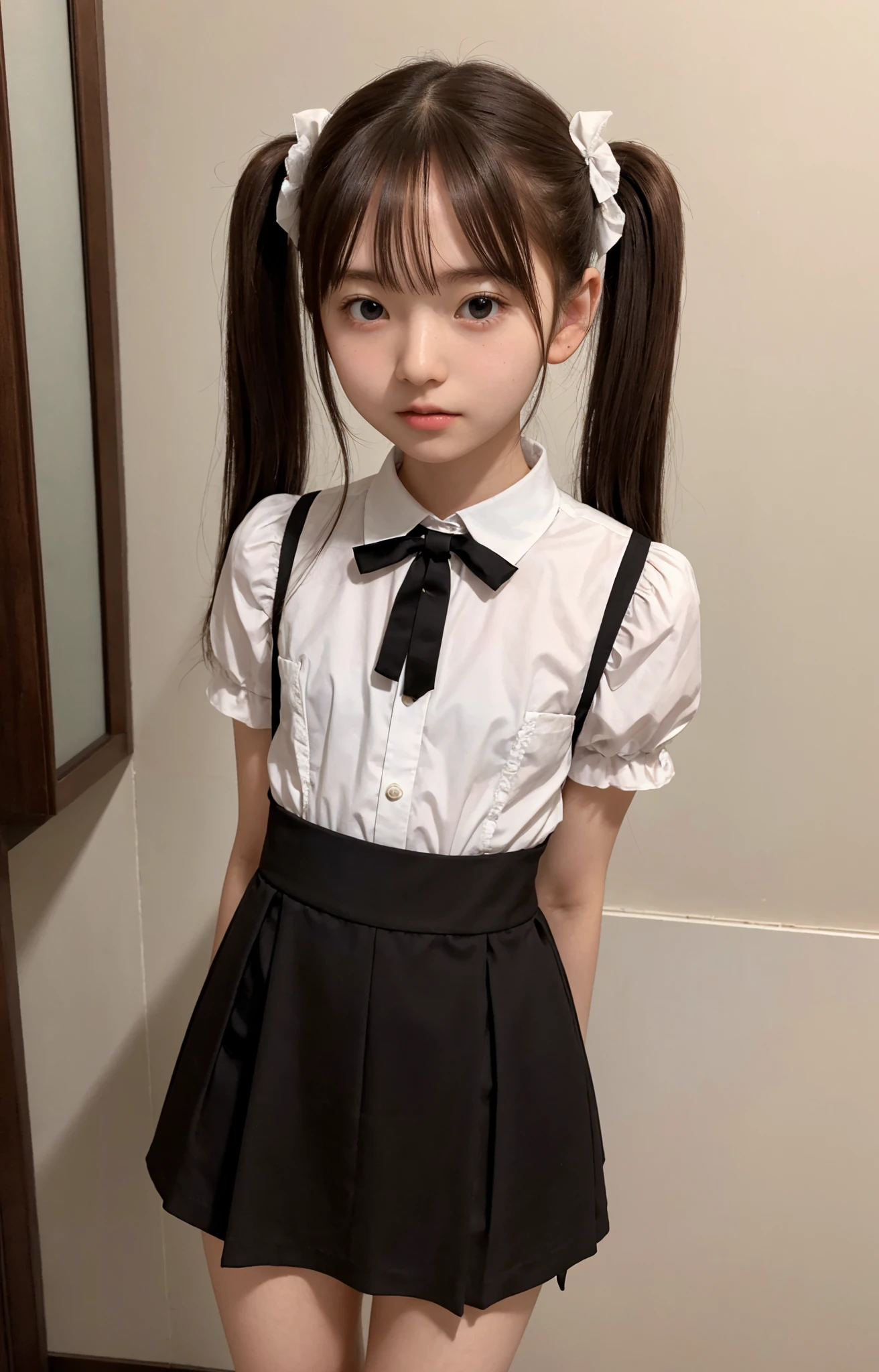 Maid,cute pretty girl,masterpiece,high definition,4k,8k,16k,twin tails,brown hair,slender body,thin leg, thin arm, thin body,small,18yo