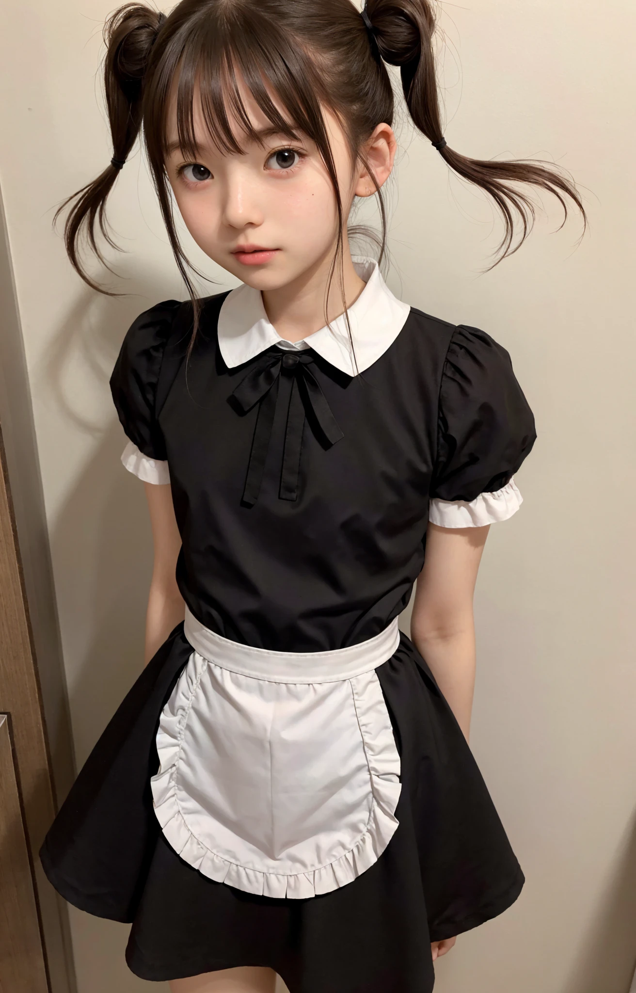 Maid,cute pretty girl,masterpiece,high definition,4k,8k,16k,twin tails,brown hair,slender body,thin leg, thin arm, thin body,small,18yo