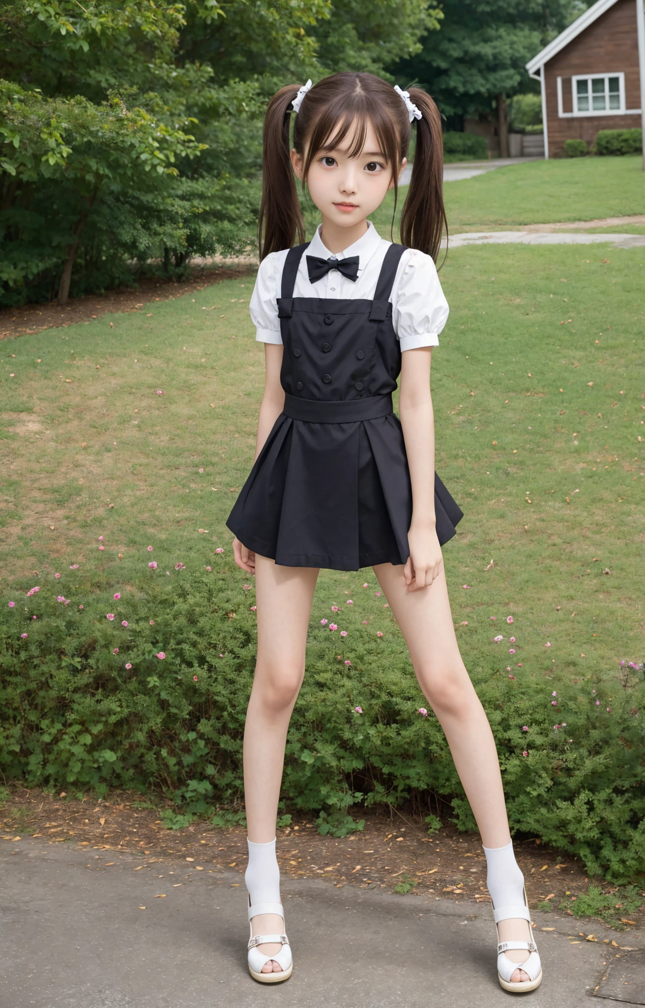 Maid,cute pretty girl,masterpiece,high definition,4k,8k,16k,twin tails,brown hair,slender body,thin leg, thin arm, thin body,small,18yo