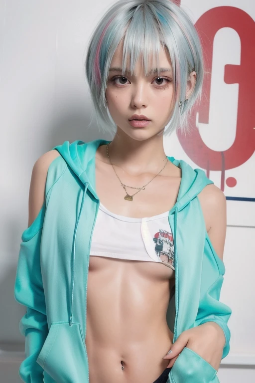 (shoulder length straight short hair: 1.1), (rainbow color hair:1.5),（Extremely meticulous CG 8k wallpaper），（Extremely refined and beautiful），（Masterpiece），（best qualtiy：1.0），（Ultra High Resolution：1.0），beautiful light up，Perfect lightning，realistic shaded，[A high resolution]，Smooth and flawless fair skin，Extremely exquisite facial details，（perfect body：1.1），ultra - detailed，A beautiful girl，small head，(Small breasts:1.1)，Flat chests，slim，thin，Smile，cheerfulness，(rainbow color jacket:1.5），（white pantyhose:1.4),Slender legs,standing,(Well-cut abdominal muscles:1.2),In elevator, bright lights,Portrait photo,close shot,cowboy shot,upper body